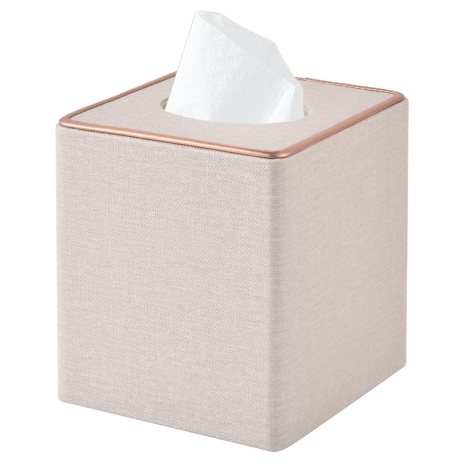 Linen Square Tissue Box Cover,Cube Tissue Box Holder－Excellent Rosegold Leather Decoration,Table Napkin Case Dispenser,Facial Tissues Organizer with Magnetic Bottom for Home Office Car(Beige)
