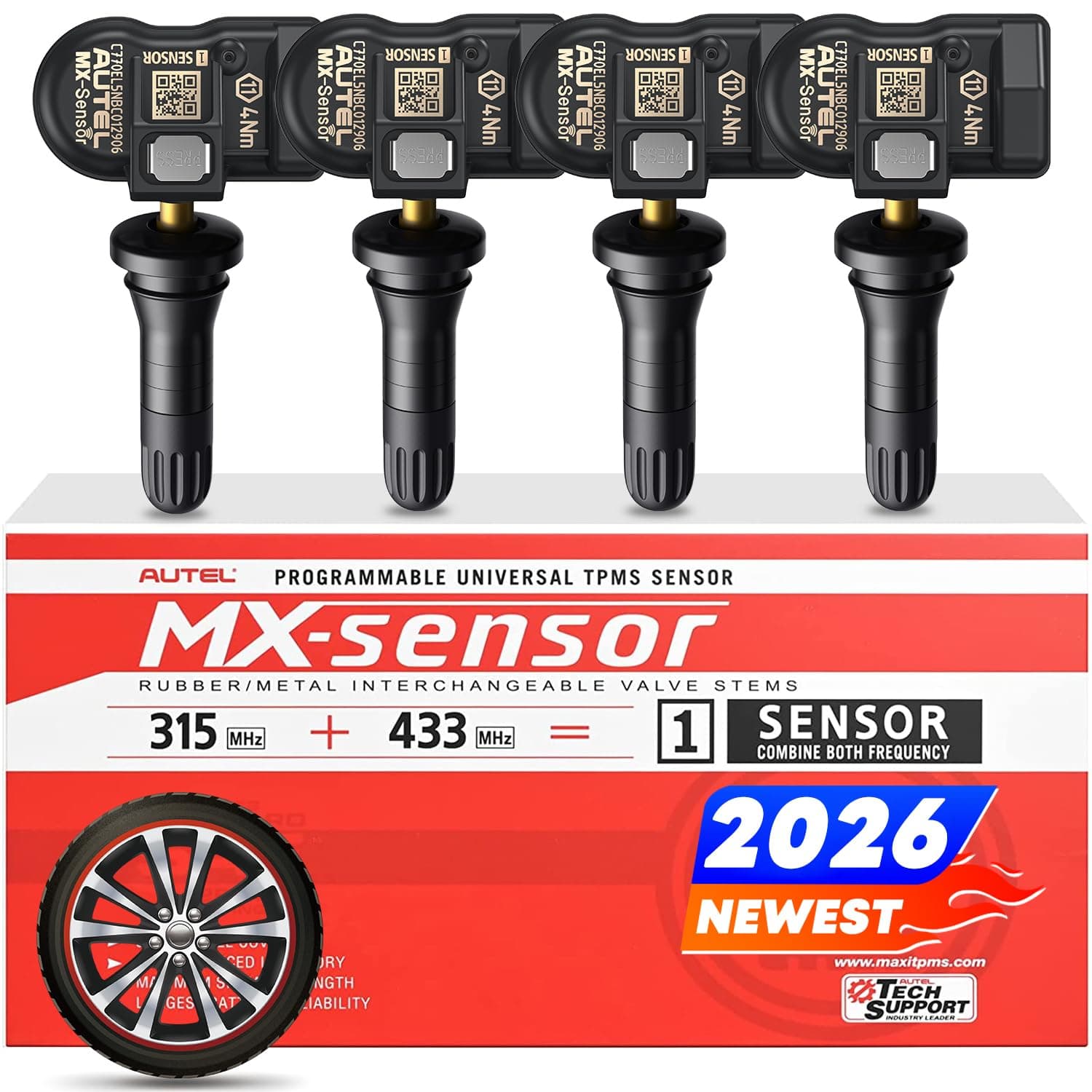 TPMS Sensor Set of 4, MX-Sensor 2in 1 315MHz + 433MHz Press-in TPMS Universal Programmable Sensor, OE-Level 100% Cloneable by Autel TPMS Tool TS408S TS501 PRO TS508 TS508WF (4PCS Rubber Stem)
