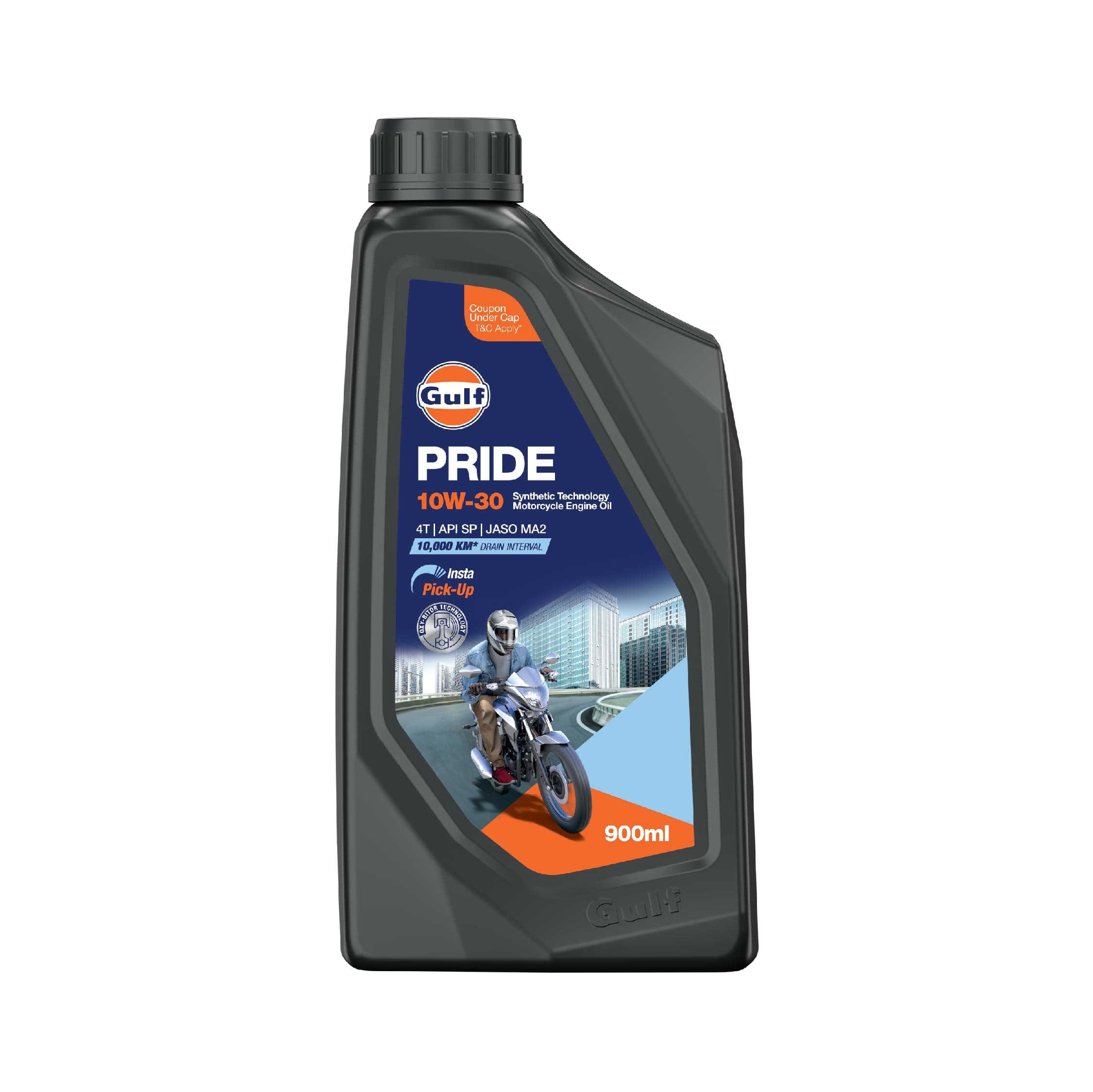 Gulf PRIDE 10W-30 4T API SP, JASO MA2 | 10 K Km Drain Interval| BS6 & earlier | 2 Wheeler Motorcycle Bike 4 Stroke Synthetic Technology Engine Oil [900 ml] - Pack of 1