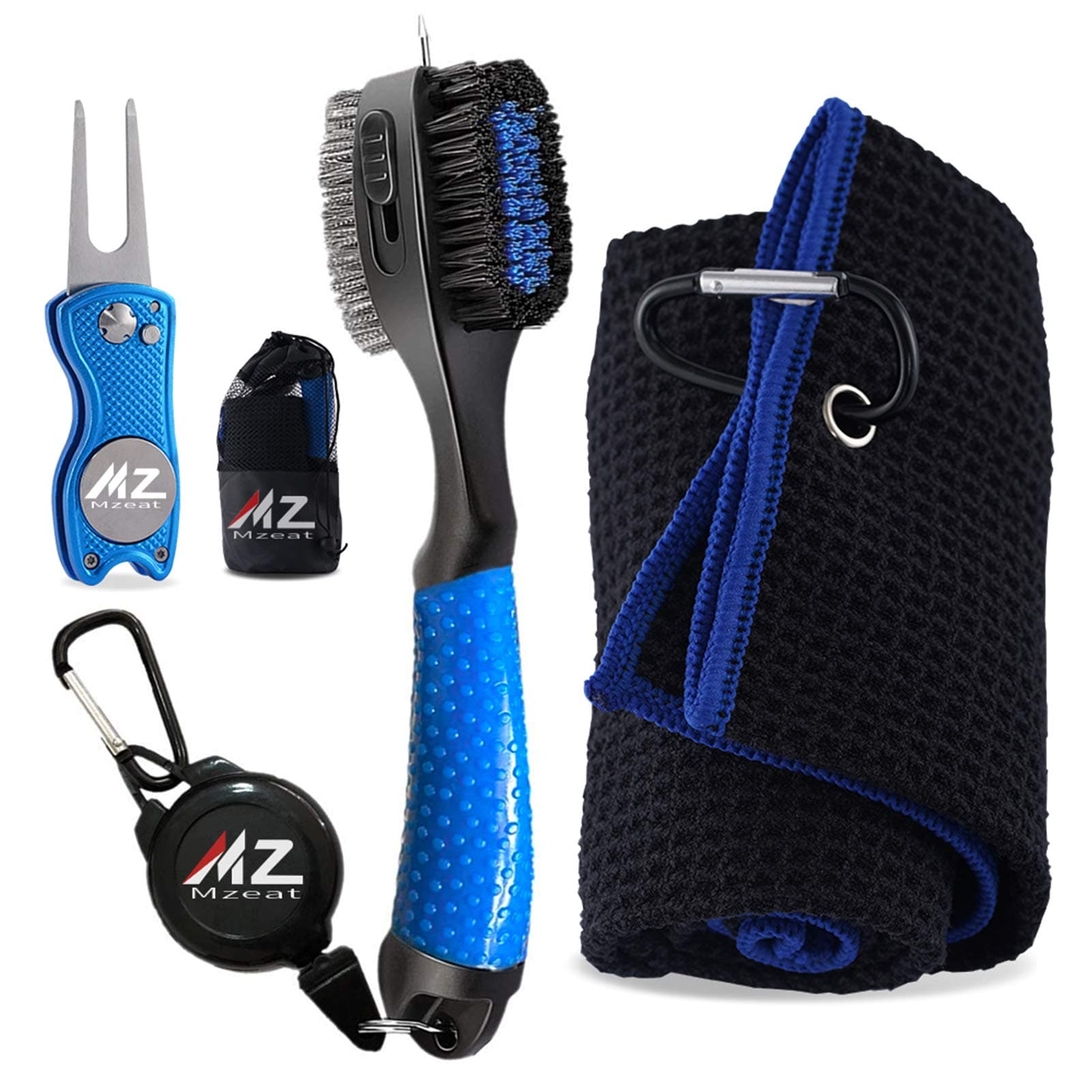 MZ Mzeat Golf Groove Cleaning Tool Set, Microfiber Waffle Pattern Golf Towel, Retractable Club Groove Cleaner Brush, Foldable Divot Tool with Magnetic Ball Marker