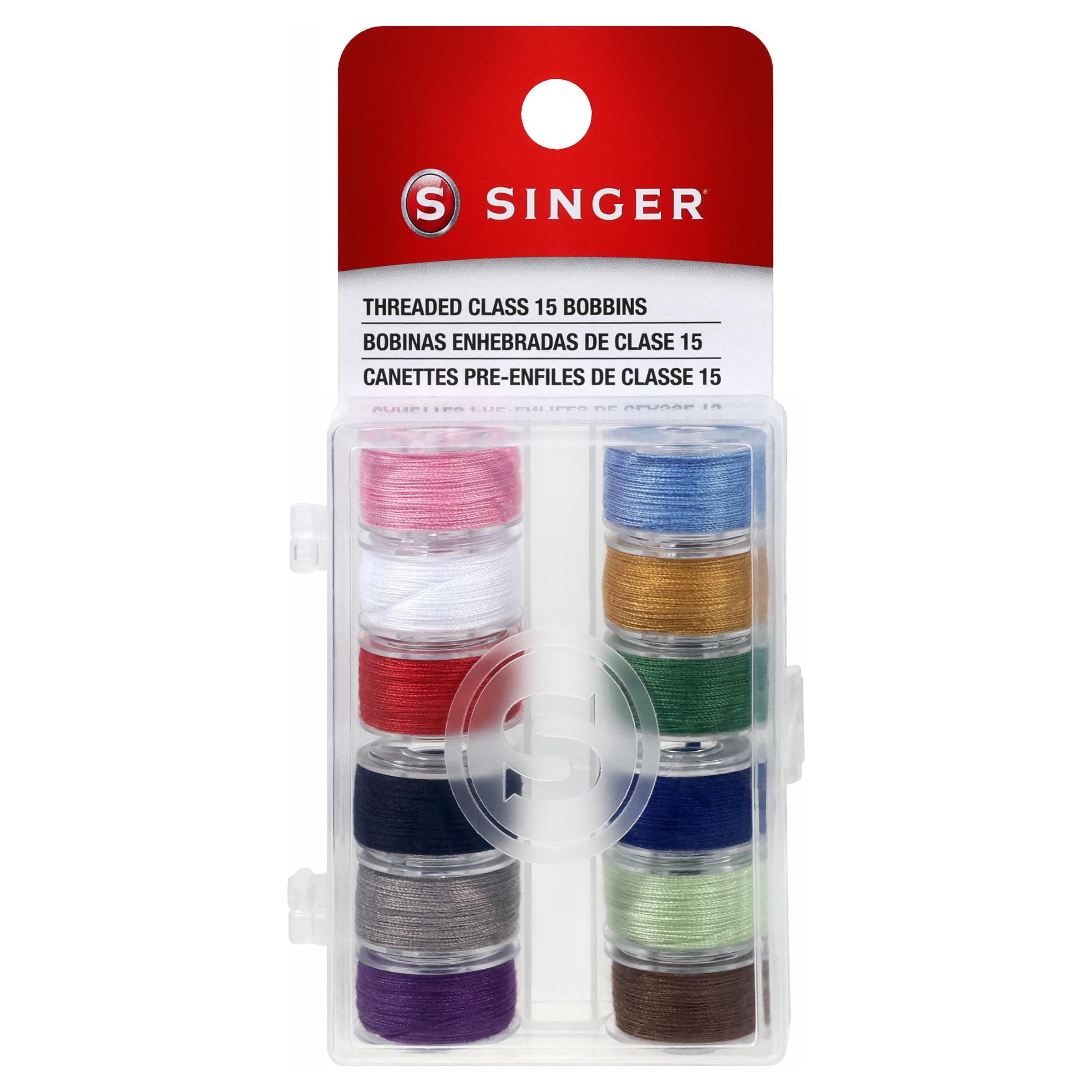 SINGER 21495 Class 15 Threaded Bobbins, Transparent, Assorted Colors, 12-Count