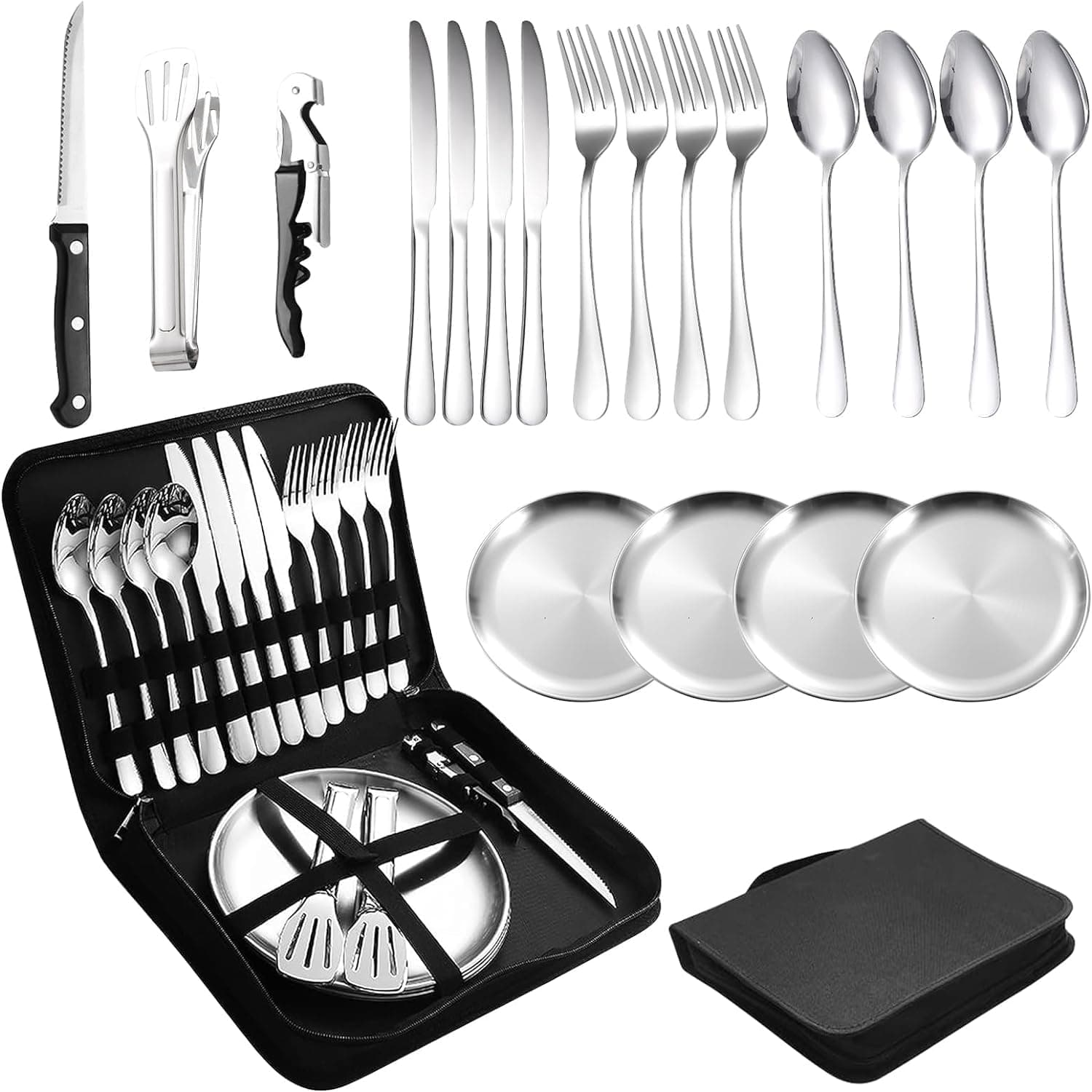 MIXEN Camping Silverware Set with Case, 20piece Mess Kit with Stainless Steel Plates Spoons Knives Forks Wine Opener for 4, Portable Cutlery Set, Picnic Eating Utensils Set, BBQs Travel Hiking