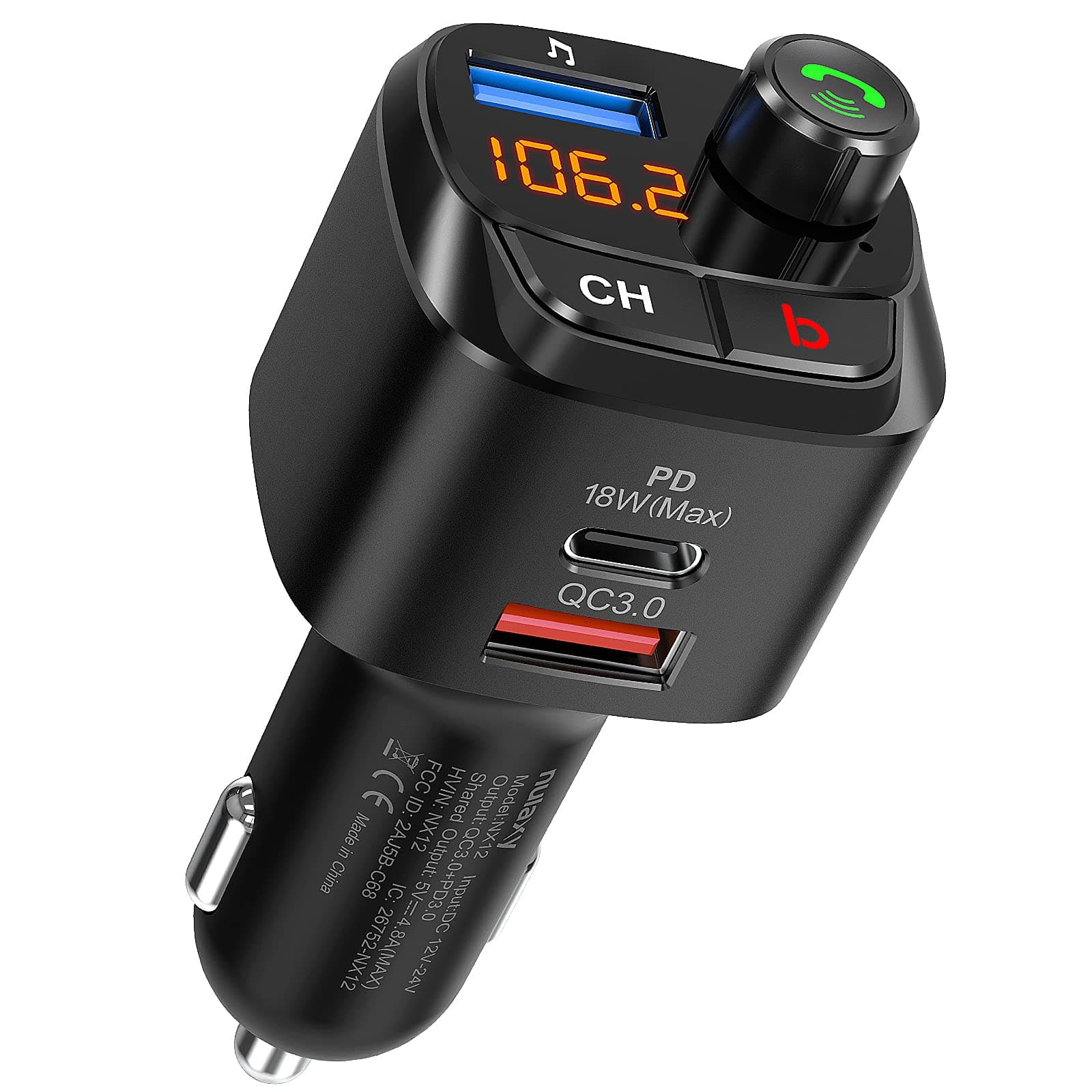 Nulaxy Bluetooth 5.0 FM Transmitter for Car, QC3.0 & USB-C PD 18W Wireless Bluetooth Radio Adapter Music Player Car Kit with Bass Booster, Hands-Free Calls-NX12