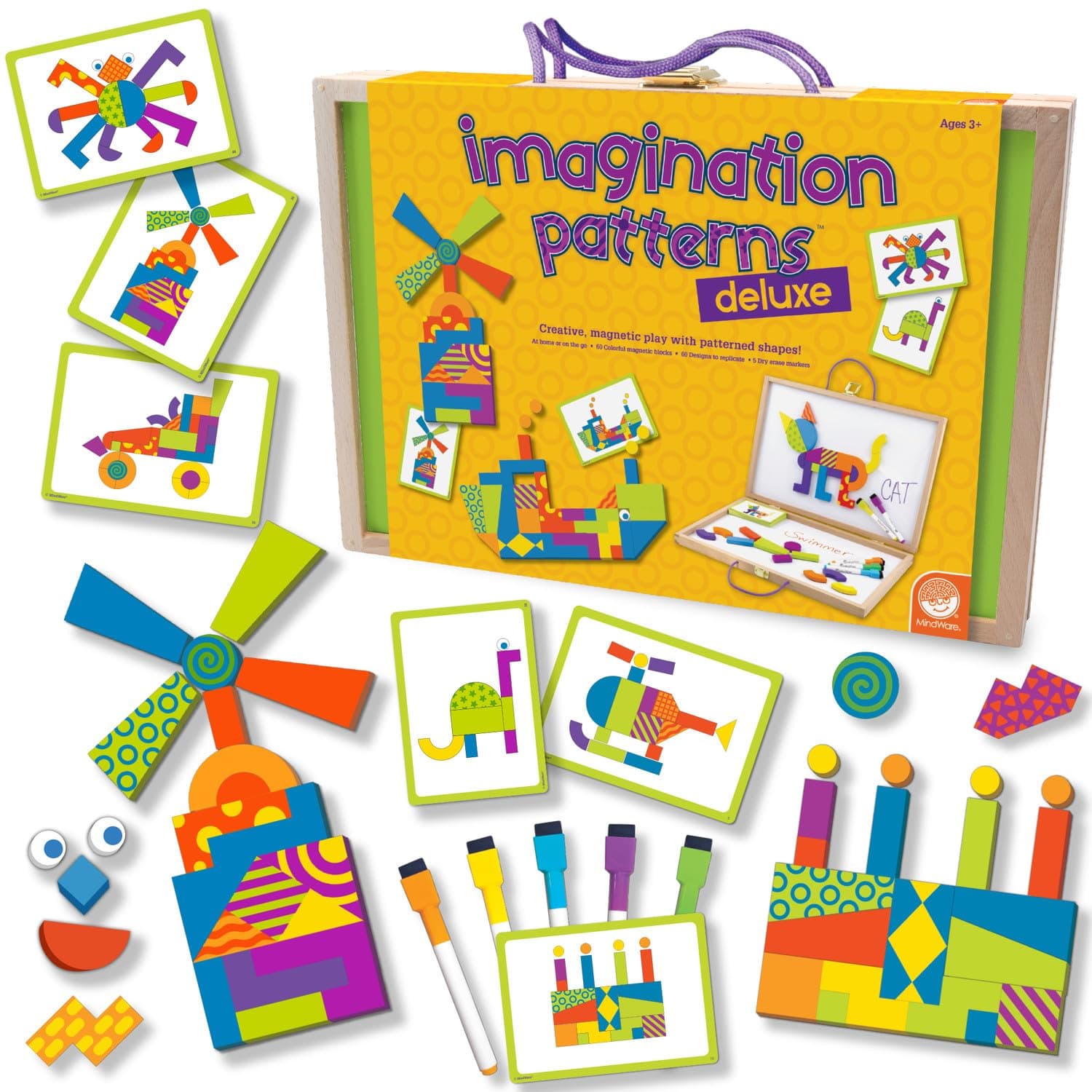 Imagination Patterns - Creative, Magnetic Play with Patterned Tangram Shapes - Includes 60 Magnetic Blocks, 60 Puzzle Cards, Dry Erase Markers & Wood Case - Deluxe