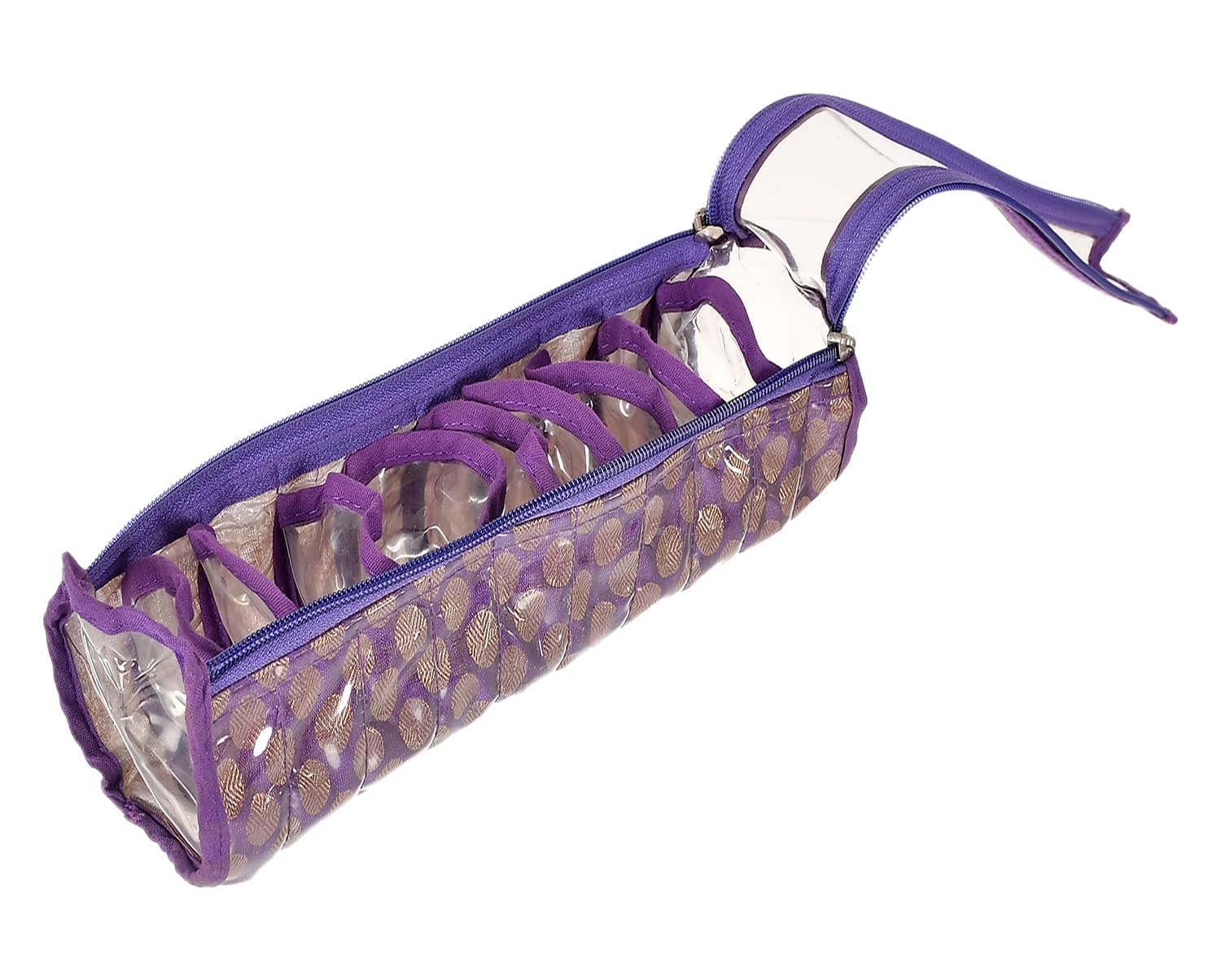 Kuber Industries Dot Printed Laminated PVC Bangle Organizer For Bracelets, Bangles, Small Jewllery With 2 Way Zipper & 10 Comparment (Purple)-50KM0776