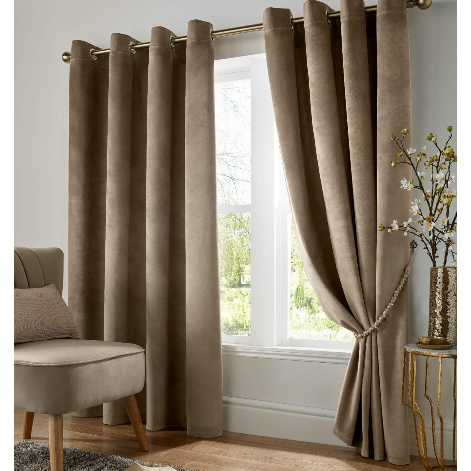 Alan Symonds Blackout Curtains Eyelet Ring Top Ready Made, Polyester Velvet, Mink, 66 x 90