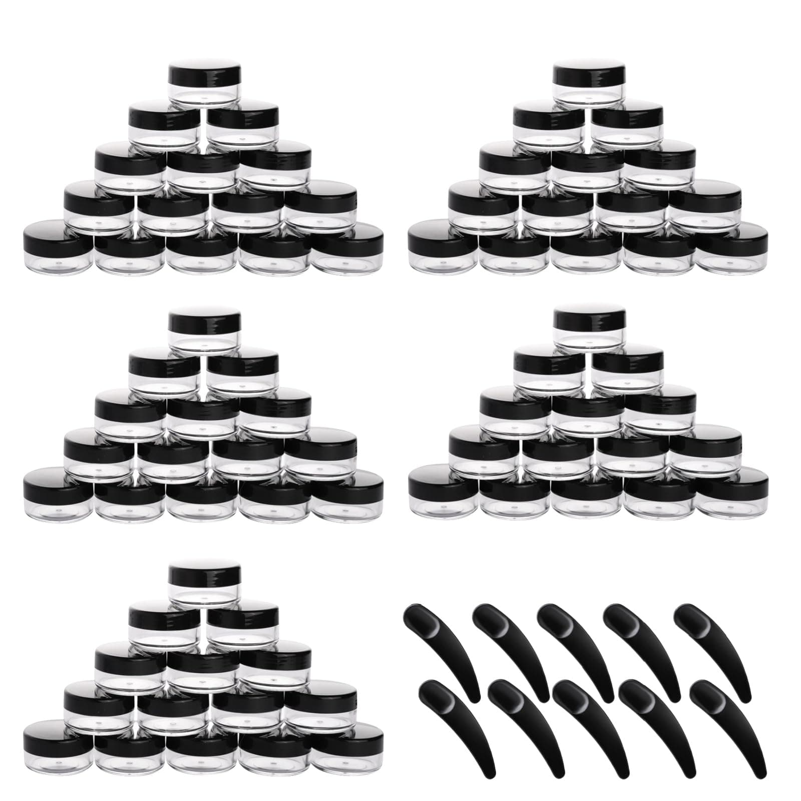 - Refillable Cosmetic Sample Jars - 100 Pack 10g (0.35oz) Black Small Travel Containers with Lids + 10 Mini Makeup Spatulas - BPA Free