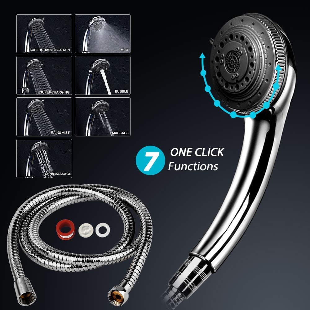 Homecube Shower Head, 7 Spray Settings Adjustable Handheld Showers Head, High Pressure Stream Spa Shower Heads with 1.5m Flexible Hose and Teflon Tape, Chrome