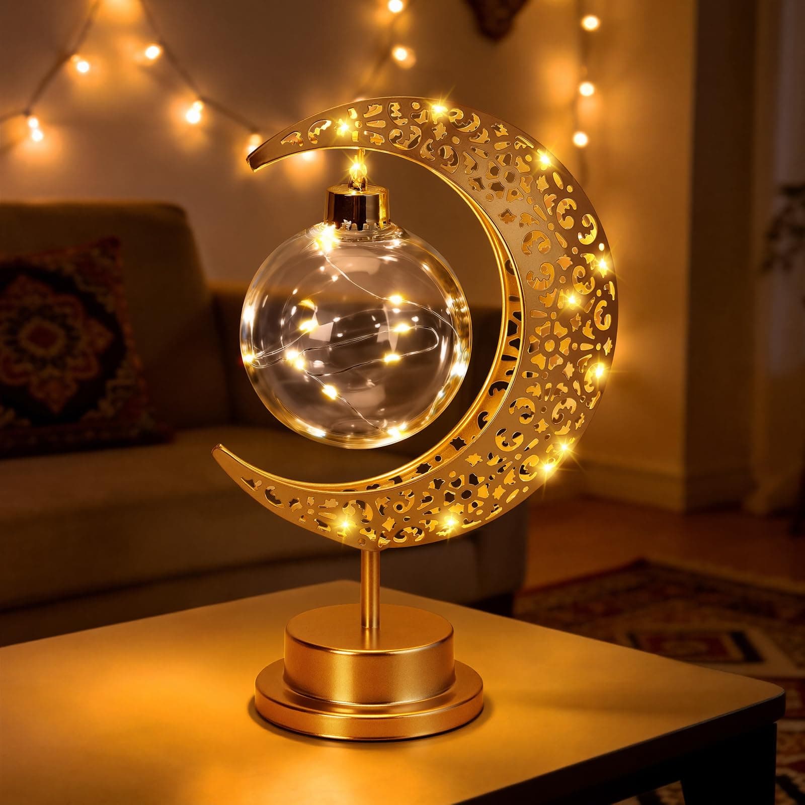 Ramadan Moon Table Lamp Crescent Lamp Ramadan Decorations Half Moon Light Battery Operated Metal Ramadan Star Lamp Lunar Lamps Eid Decorations Bedside Moons Lamps for Home Bedroom