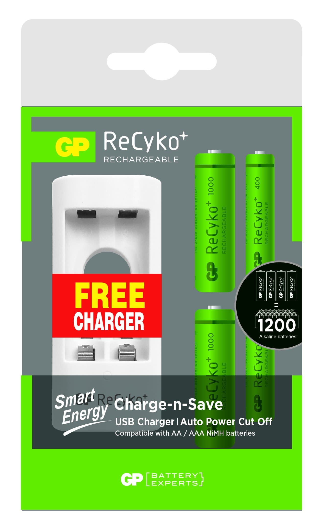 Gpbattery Recyko+ Value Pack USB Charger with 2 x AA and 2 x AAA Batteries