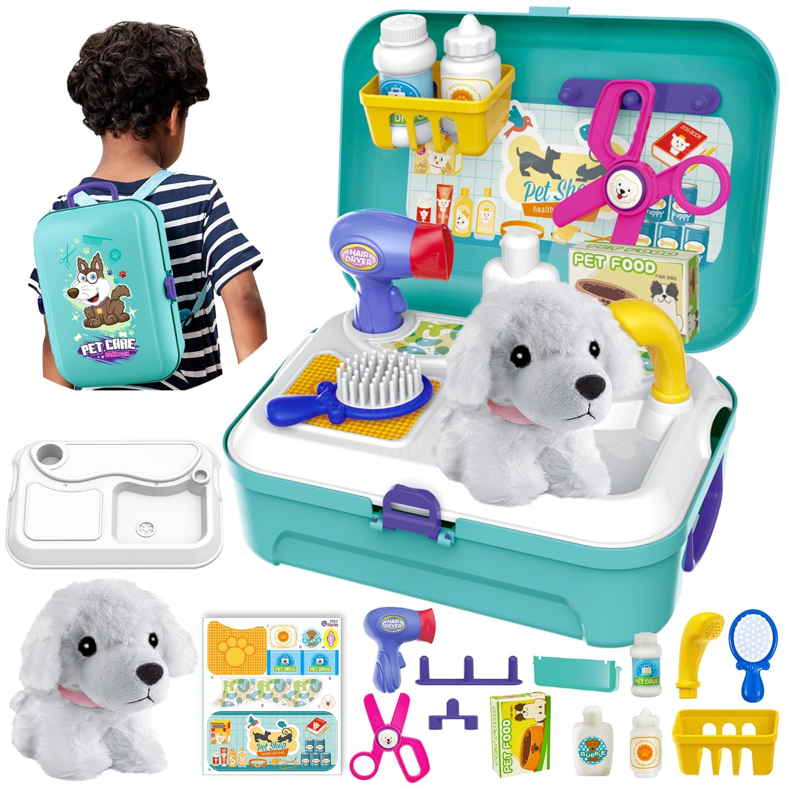 Vet Toy Pet Care Kit Role Play Set Grooming Feeding Dog Games Backpack Toys for Kids 3 4 5 Years Old Girls Boys