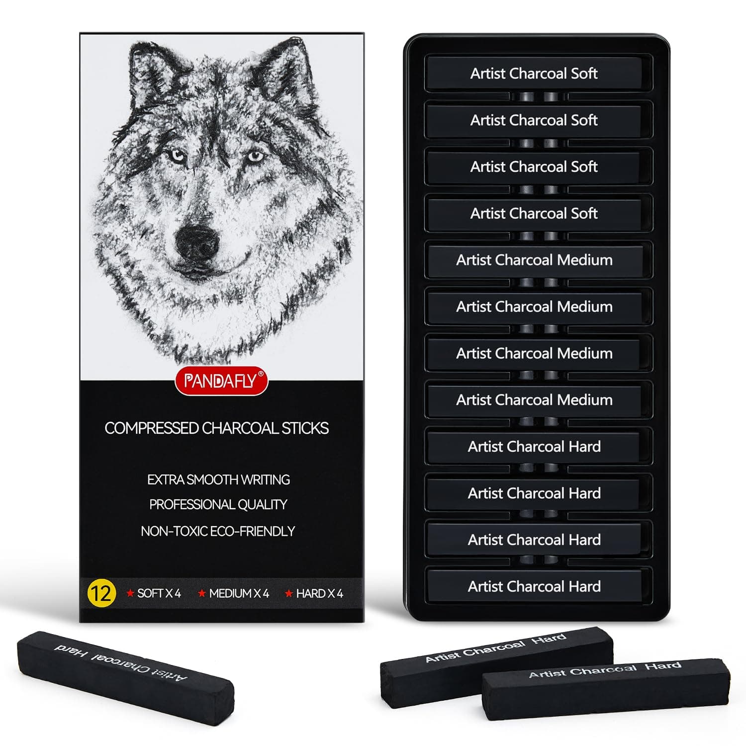 PANDAFLY 12pcs Compression Charcoal Sticks (Soft, Medium, Hard), Square Charcoal Sticks for Drawing, Sketching, Shadowing, Charcoal Drawing Set for Beginners and Professional Artists