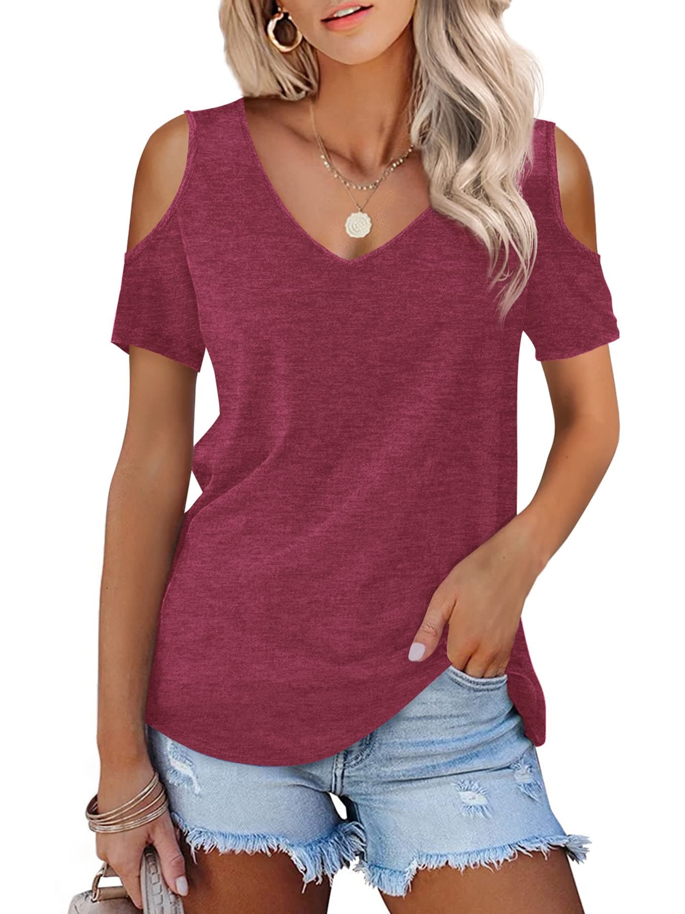 AmoretuWomens Short Sleeve Cold Shoulder Basic Tee Tops Shirts