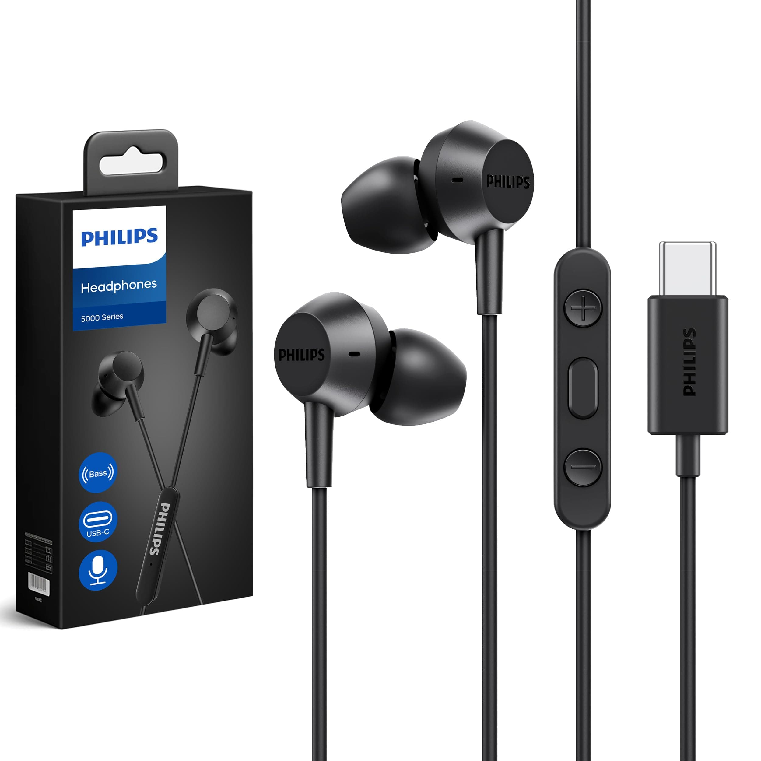USB C Earbuds Wired with Microphone, in Ear Type C Headphones with mic, Powerful Bass, Lightweight, USB-C Wired Earphones, 3-Button in-line Remote Ear Buds (Black)