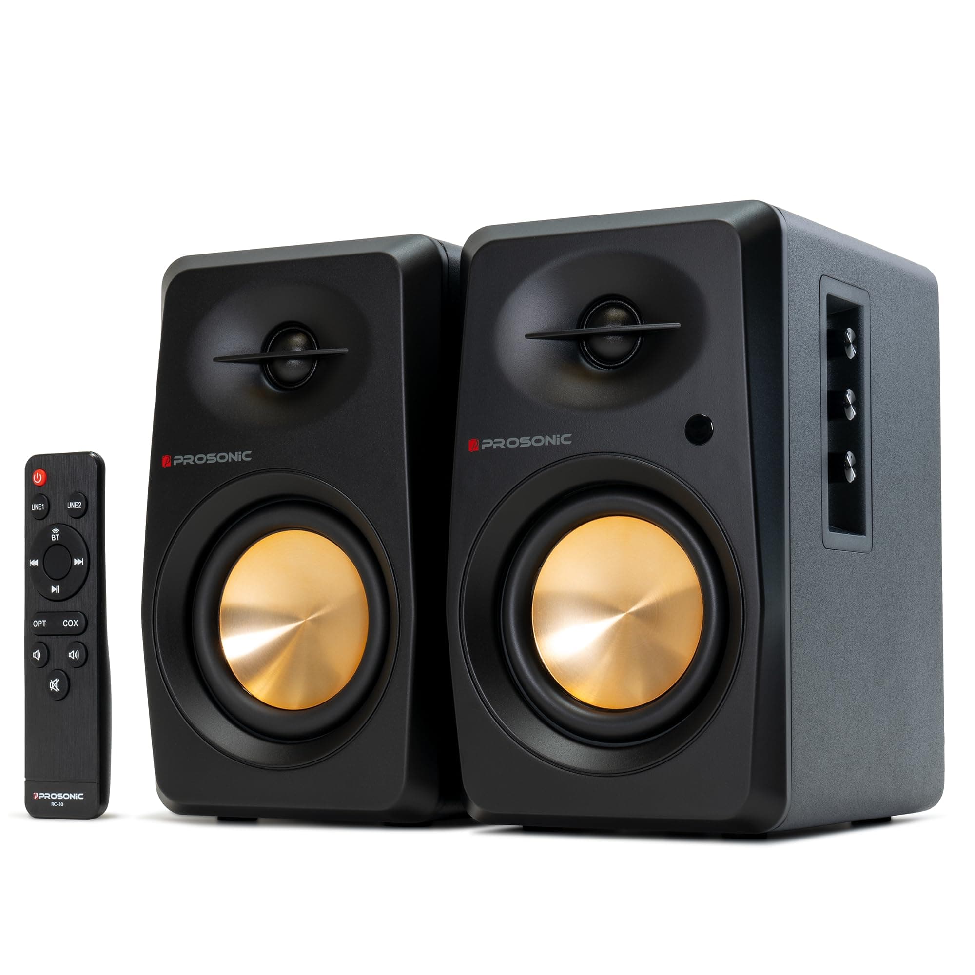 - Prosonic BT30 Powered Bluetooth Bookshelf Speakers - 80W Active Studio Monitors for Home Theater, PC, Turntable & TV - Optical, Coaxial, Dual RCA Inputs - DSP & DRC (Black)