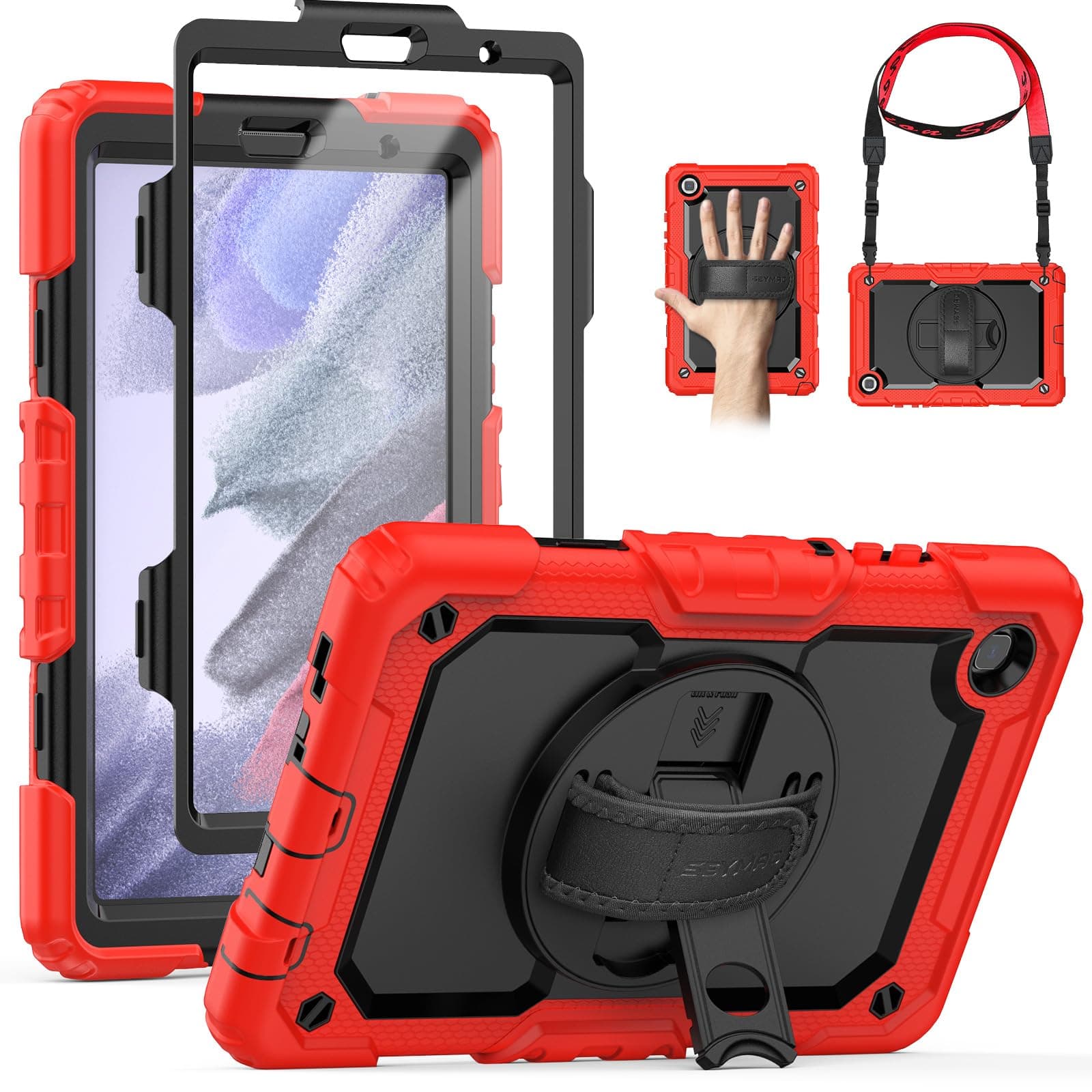 SEYMAC Case for Samsung Galaxy Tab A7 Lite 8.7" (SM-T220/ T225/ T227), Heavy Duty Full-Body Shockproof Protective Case with Screen Protector, Rotating Stand, Hand/Shoulder Strap, Red