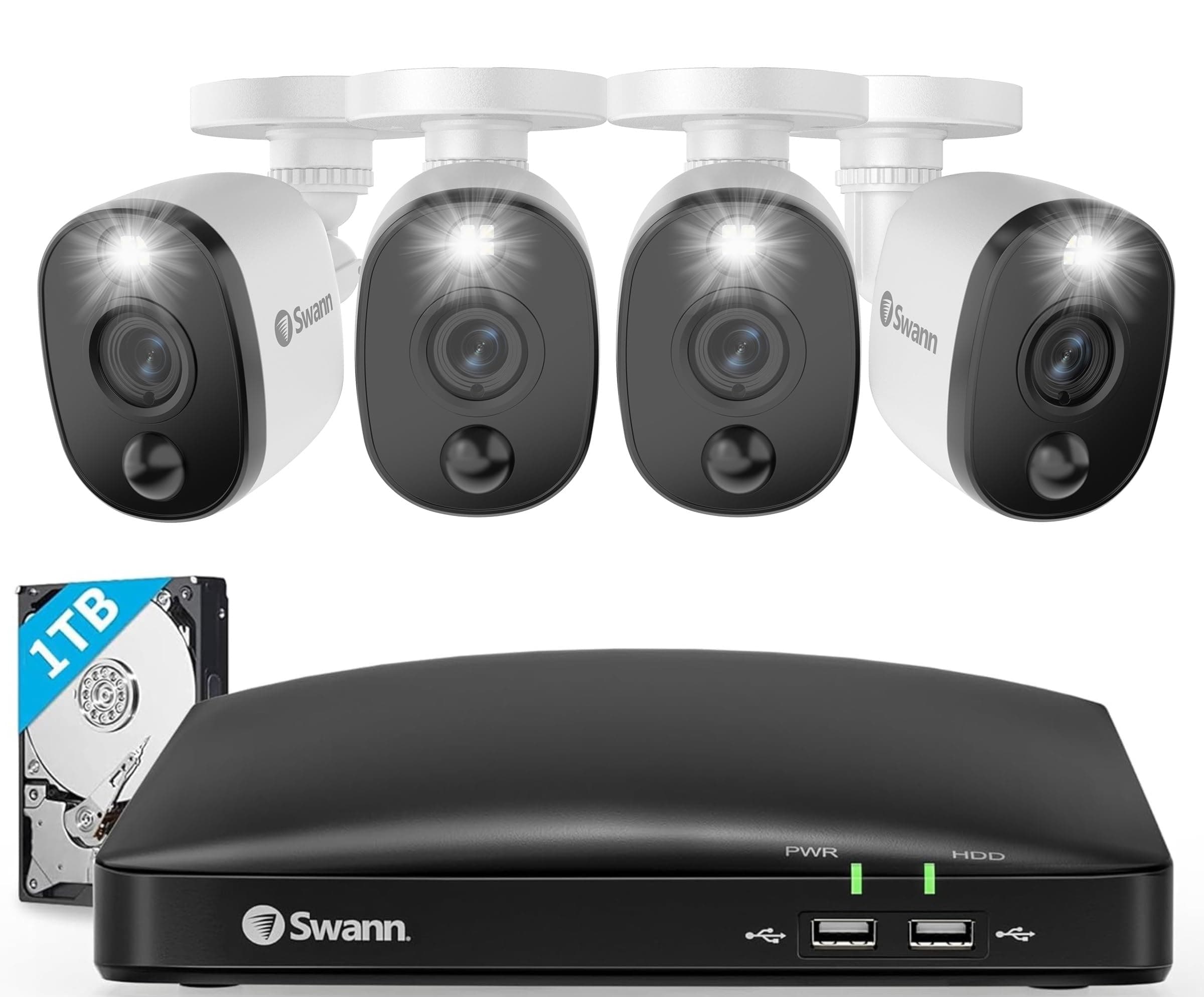 SwannHome DVR Security Camera System with 1TB HDD, 8 Channel 4 Camera, 1080p Full HD Video, Indoor or Outdoor Wired Surveillance CCTV, Color Night Vision, Heat Motion Detection, LED Lights, 845804