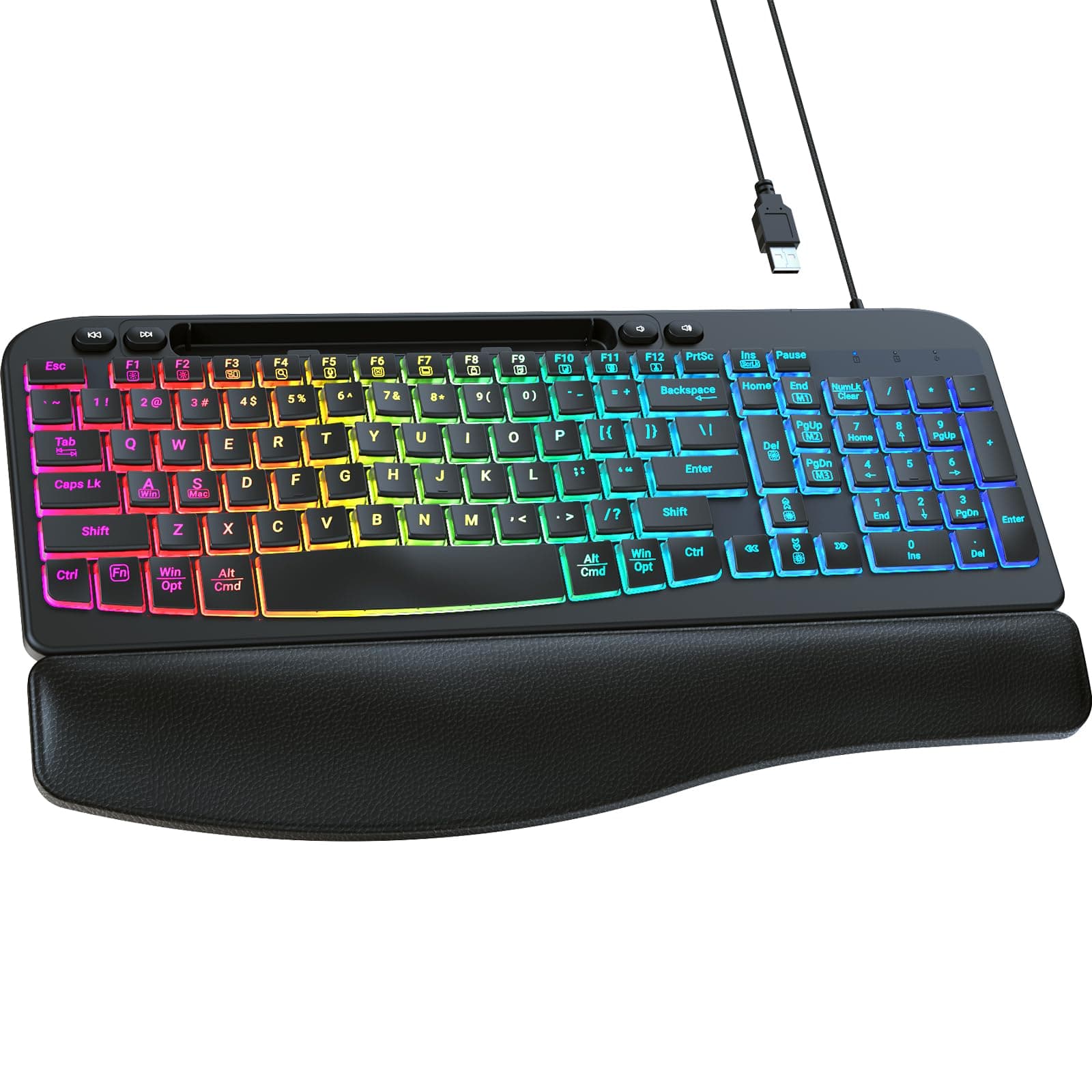 Wired Ergonomic Keyboard, 7-Color Backlit USB Computer Keyboard with Wrist Rest, Wave Keys, Phone Holder, Lighted Keyboard Compatible with PC, Laptop, Windows, and Mac