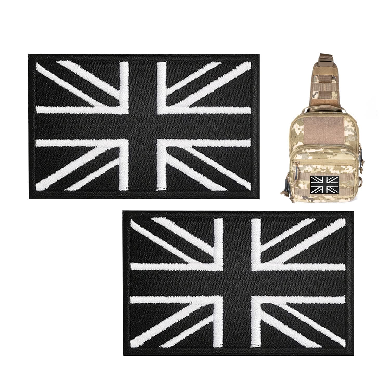 2PCS Tactical Great British Union Jack Patch,Tactical Union Jack Embroidered Flag,Black & White United Kingdom Embroidered Fabric Patch Hook and Loop Applique for Tactical Backpack, Hats Jacket Pants