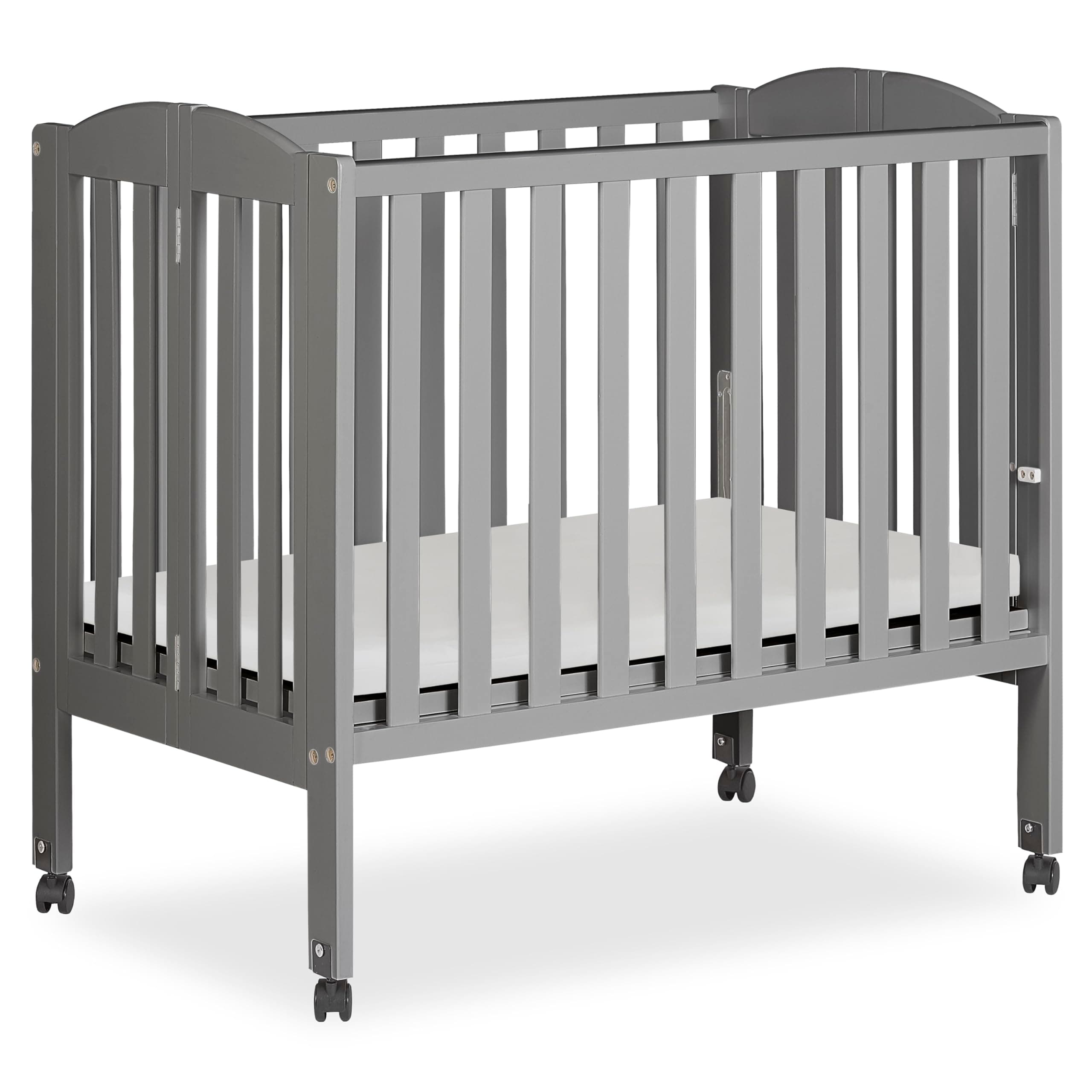 2-in-1 Folding Portable Compact Mini Baby Crib in Steel Grey, GreenGuard Gold & JPMA, US Patented Flat Folding System, Locking Wheels, 1″ Mattress Pad, Space-Saving Quck Fold Easy Storage