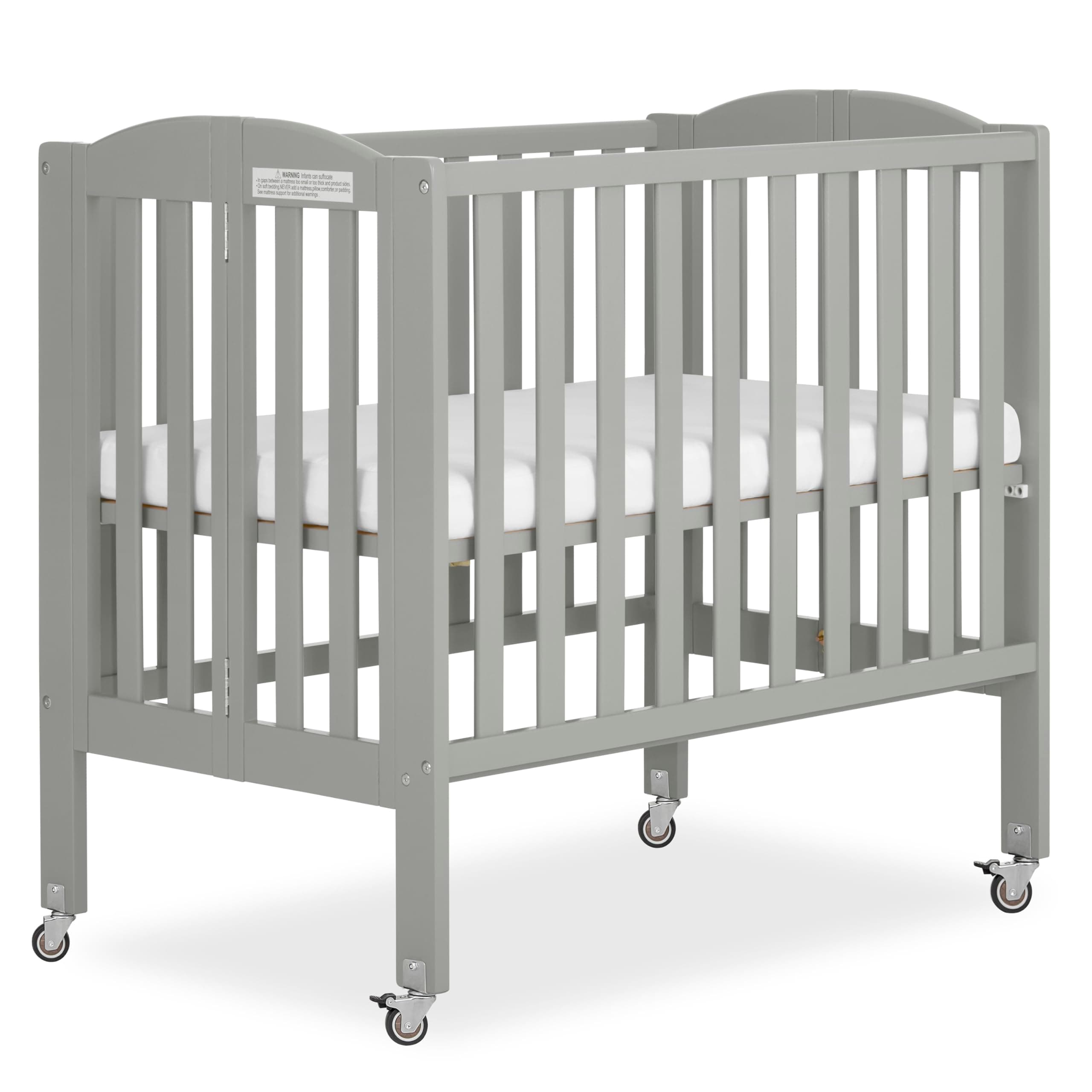 2-in-1 Folding Portable Compact Mini Baby Crib in Cool Grey, GreenGuard Gold & BSA, US Patented Flat Folding System, Locking Wheels, 1″ Mattress Pad, Space-Saving Quck Fold Easy Storage