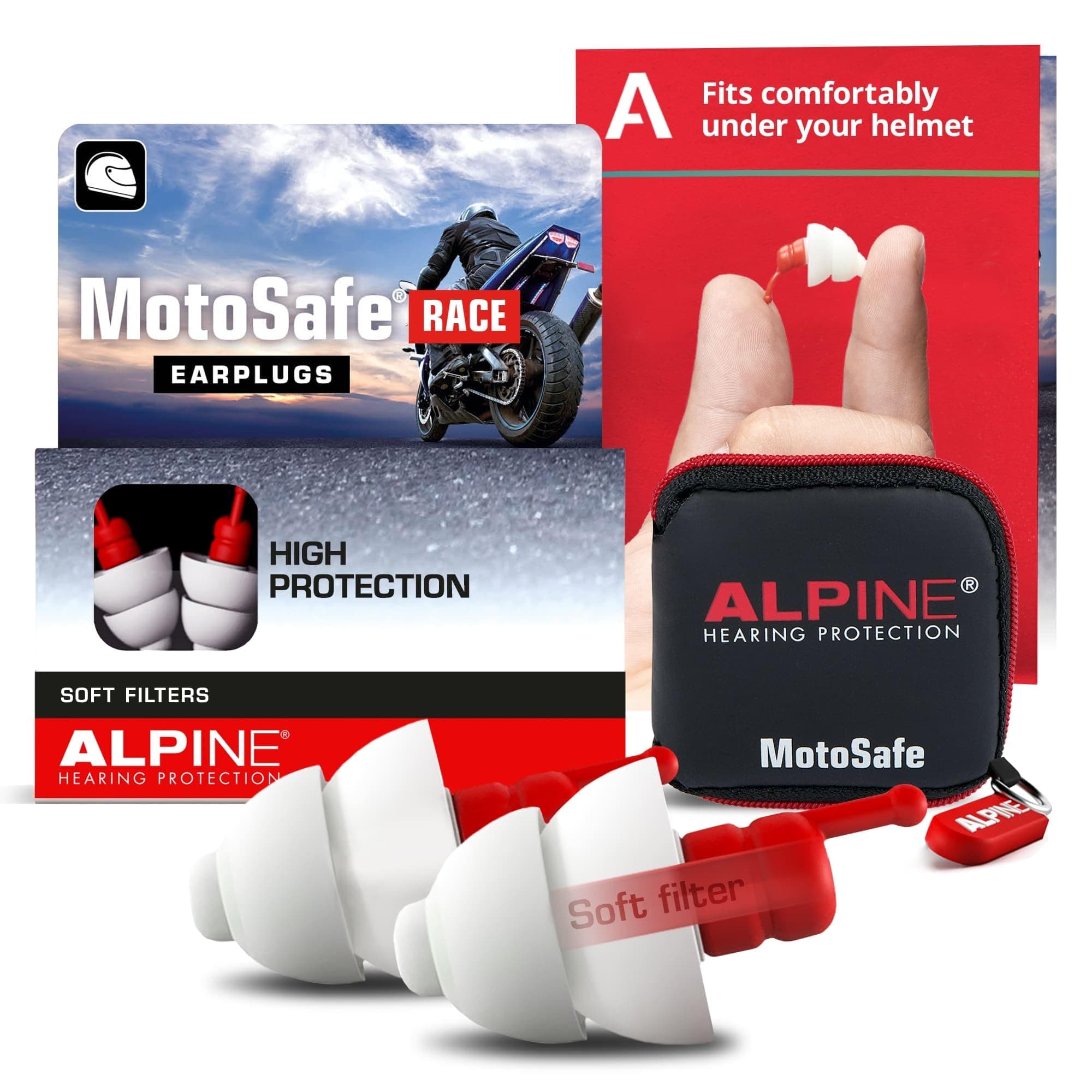 Alpine MotoSafe Race Motorcycle Earplugs - Prevent Hearing Damage While Motorcycling & Traffic Still Audible - Comfortable Hypoallergenic Motorbike Earplugs - Reusable, 1 Pair