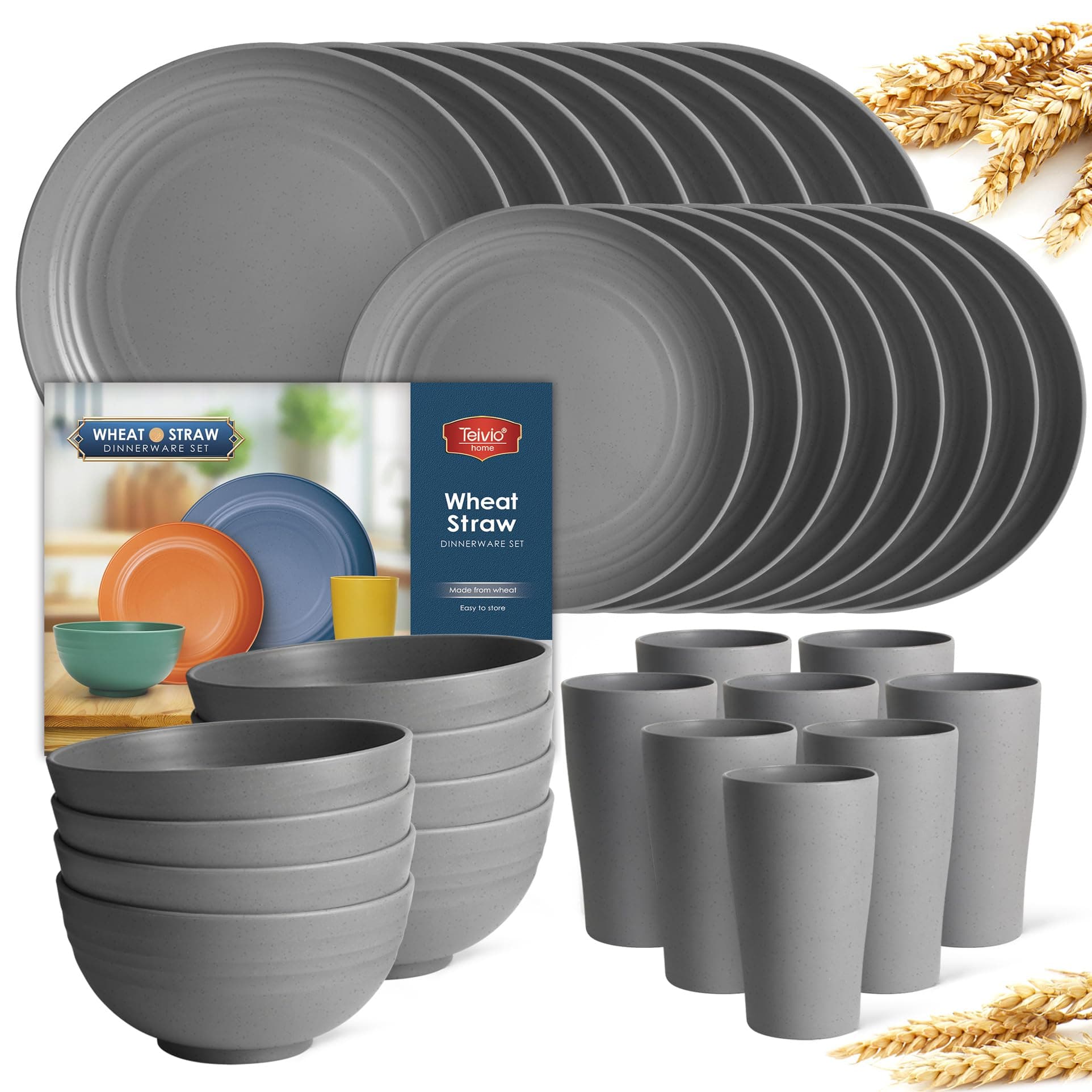 Teivio 32-Piece Kitchen Plastic Wheat Straw Dinnerware Set, Service for 8, Dinner Plates, Dessert Plate, Cereal Bowls, Cups, Unbreakable Plastic Outdoor Camping Dishes, Grey