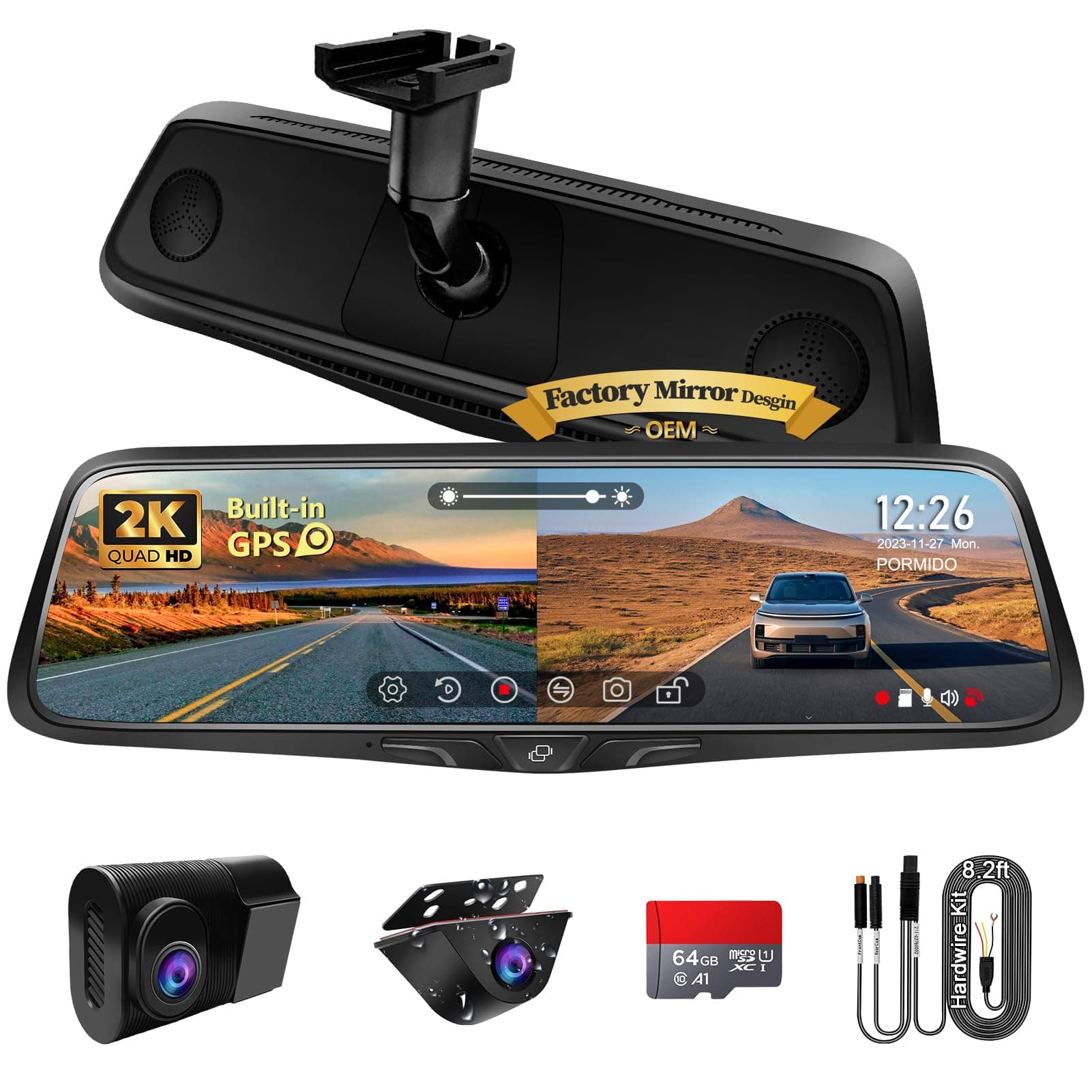 OEM 2K Rear View Mirror Camera,10" Mirror Dash Cam with Detached Front Backup Camera, Smart Full Touchscreen Rearview WDR Dashcam with Built-in GPS,64GB Card,Parking Monitor,Night Vision