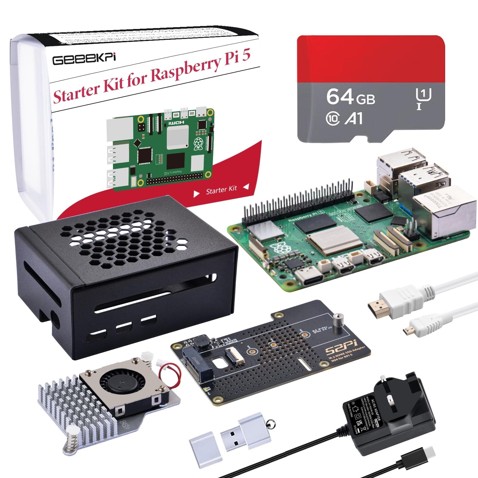 Starter Kit for Raspberry Pi 5 8GB, with N04 M.2 NVMe SSD PCIe Peripheral Board, Metal Case, Official Active Cooler, 64GB SD Card, HDMI Cable And 27W USB C 5V 5A Power Supply