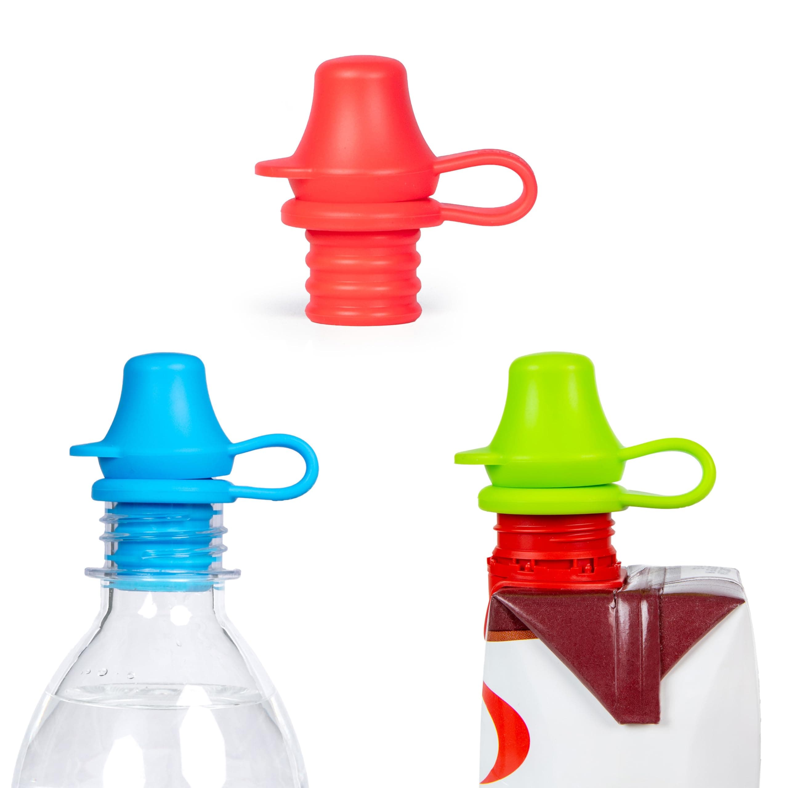 KiddiKap - No Spill Silicone Bottle Topper Spout - 3 Pack Bundle (Red, Blue, Green) - BPA Free - 7mm Slit