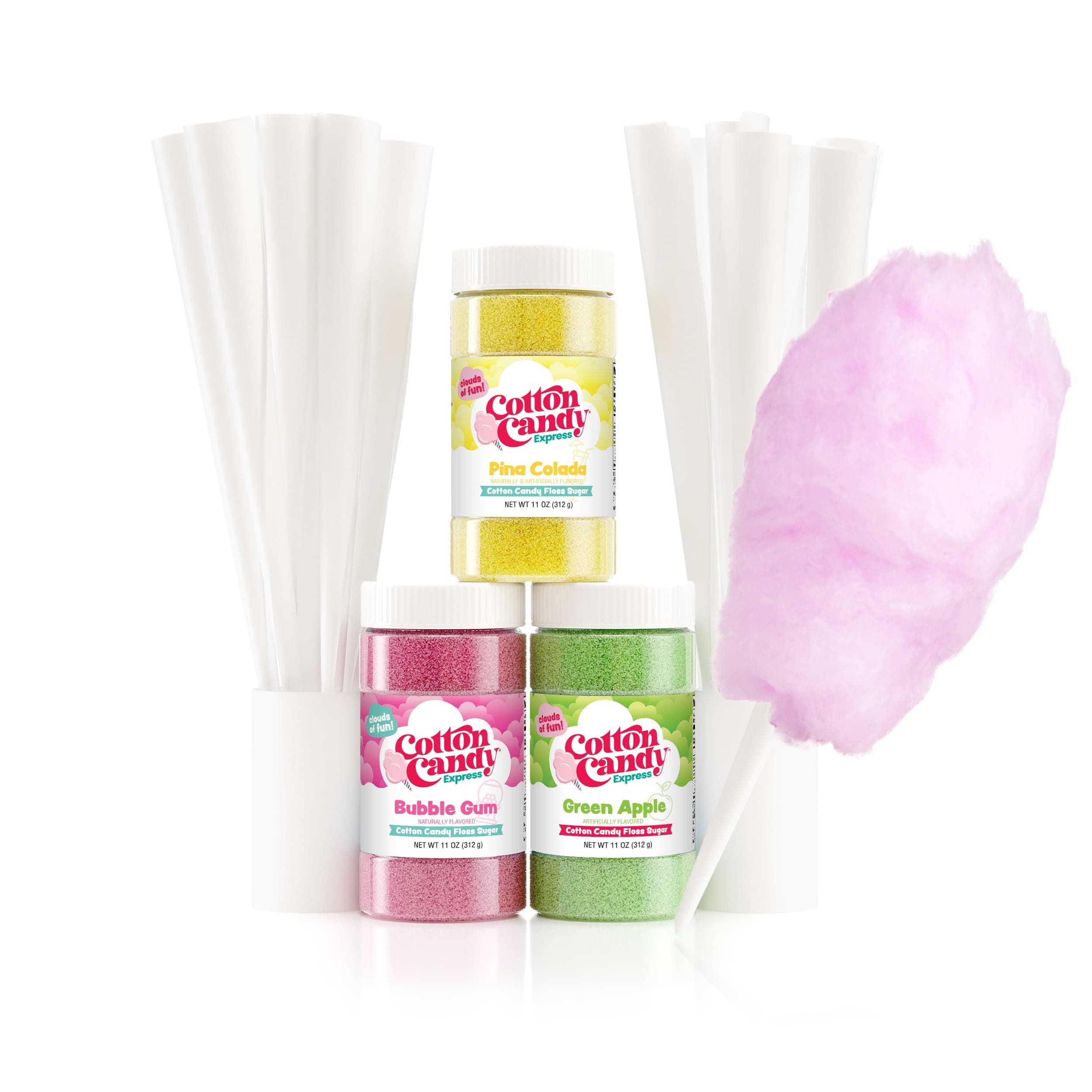 Cotton Candy Express Floss Sugar plus Cones with 3 - 11oz Plastic Jars of Bubble Gum, Green Apple & Pina Colada Flossing Sugars. 50 Paper Cones Included. Use with Cotton Candy Express Machine