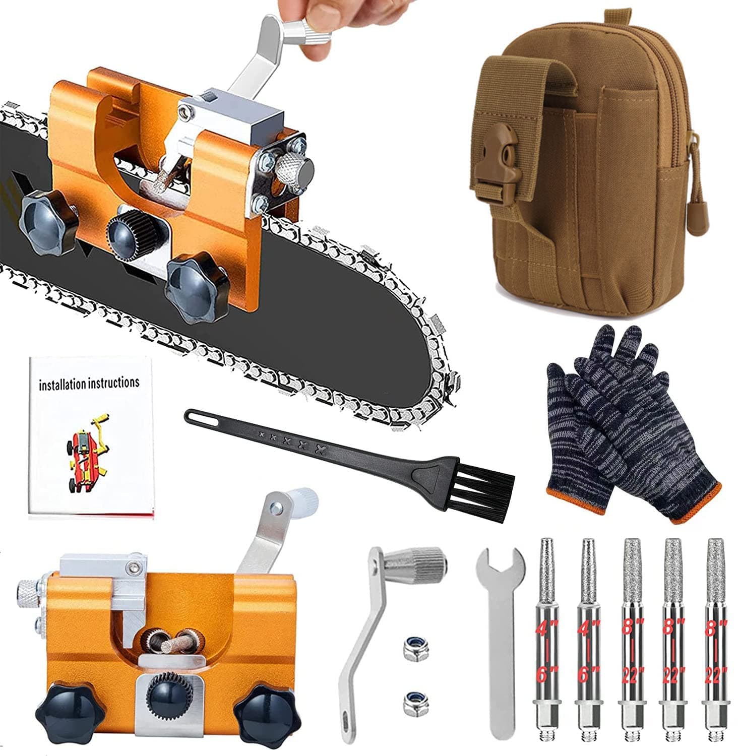 Chainsaw Sharpening Jig, Portable Chain Saw Sharpener Tool, Hand Cranked Chain Saw Sharpener with 5PCS Sharpen Rods, Gloves, Brushes, Hand Storage Bag Suitable for Most Kinds of Chainsaw