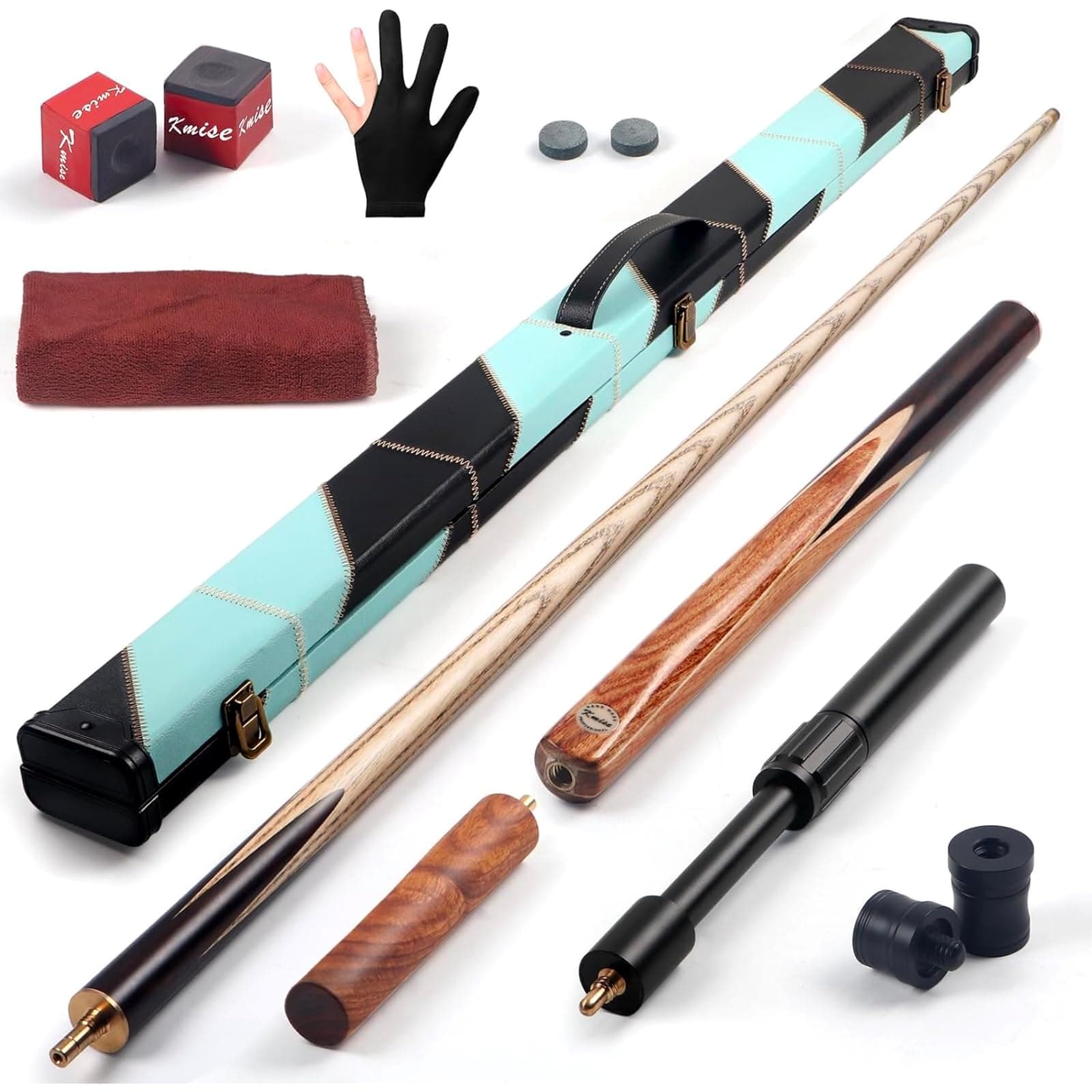 Kmise 3/4 Split Snooker Pool Cue, Handcraft, 4-Face Spliced Professional Snooker Pool Stick, 18 19 20oz Pool Sticks for Adults, with 2 Extension Cues, Complete Set for Bar House Billiard Table