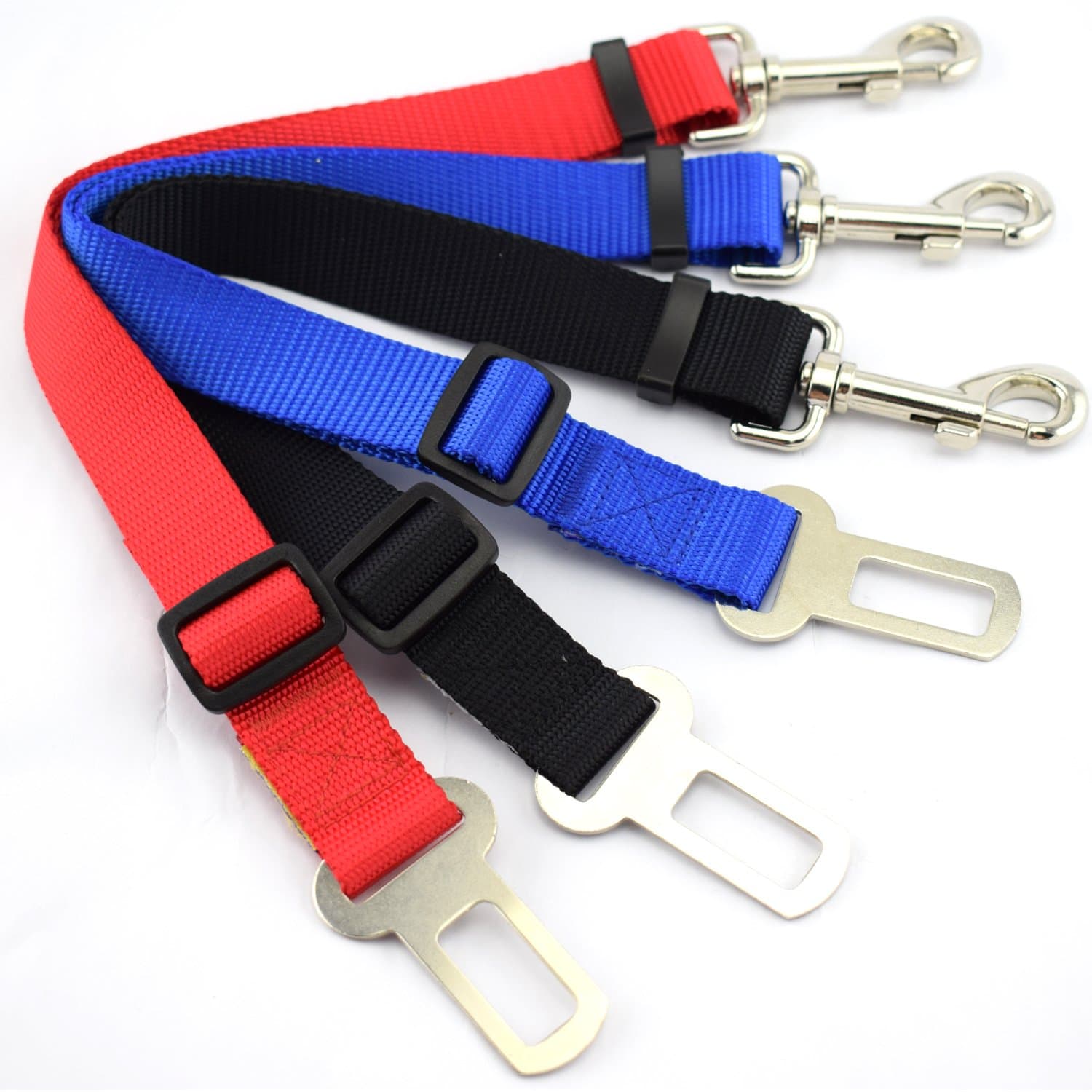 PetsCaptain 3-Pack Universal and Adjustable (1" Wide x 16" ~ 24") Pet Seatbelt Harness Dogs Seat Belt and Cat Seat Belt Pet Belt in Vehicle, Red, Black, and Blue Color; PSC-A523M3