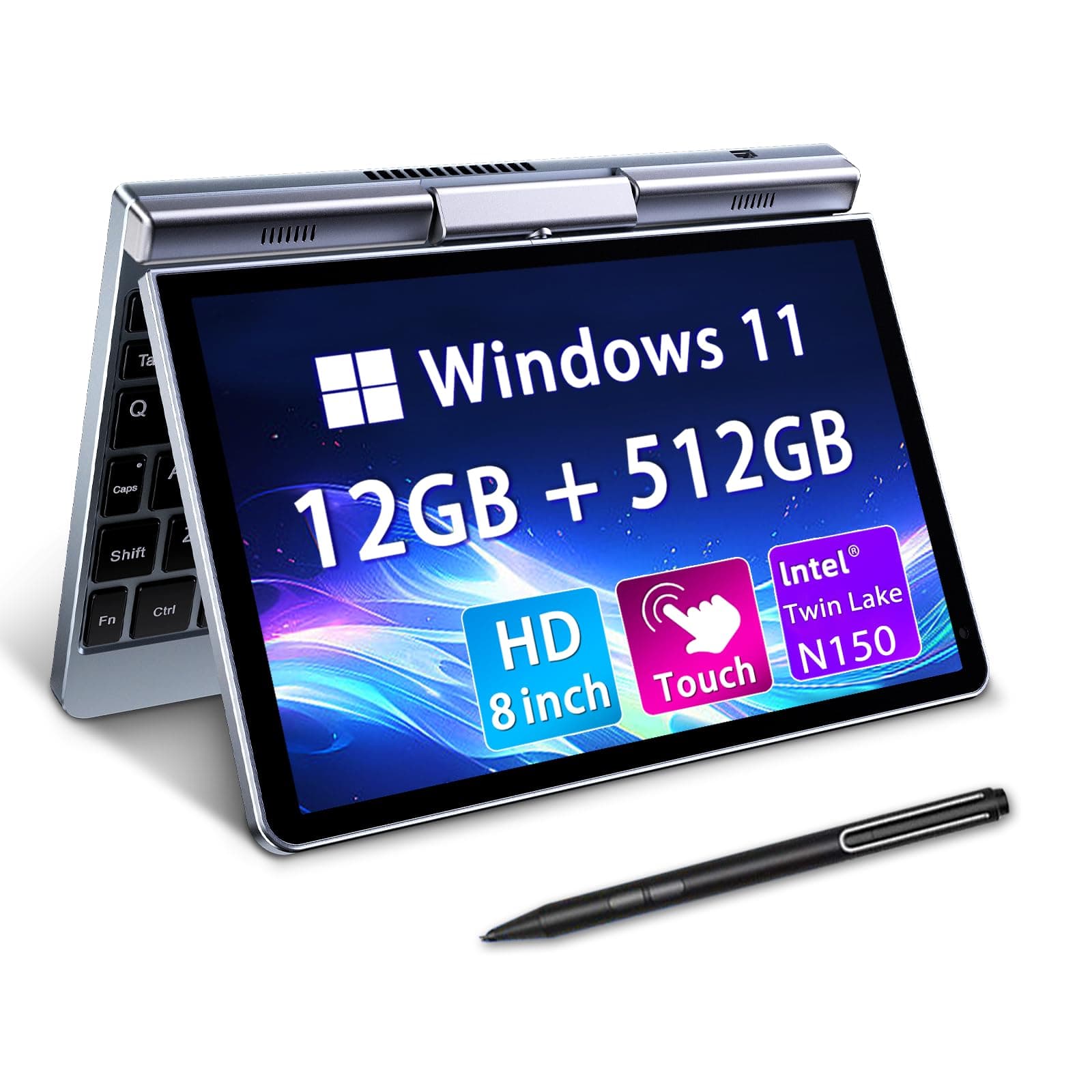 Mini Laptop 8" 2-in-1, Laptop Computer Win 11, Intel N150(up to 3.6GHz), 12GB RAM 512GB SSD, Touchscreen HD, Backlit Keyboard, Wi-Fi 6, USB-C, Lightweight Portable PC for Work/Kids/School
