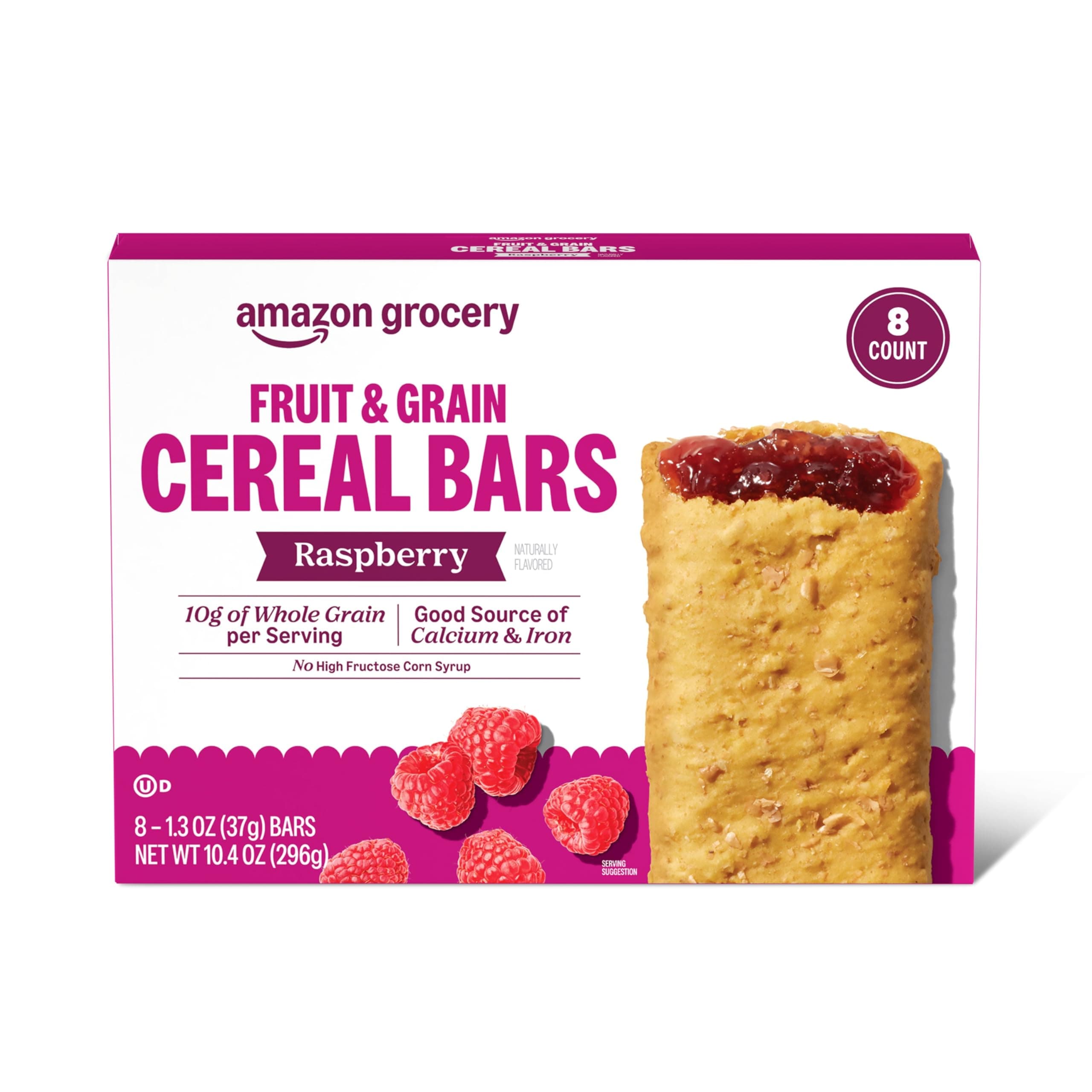 Amazon Grocery, Fruit & Grain Cereal Bars, Raspberry, 1.3 Oz, 8 Ct
