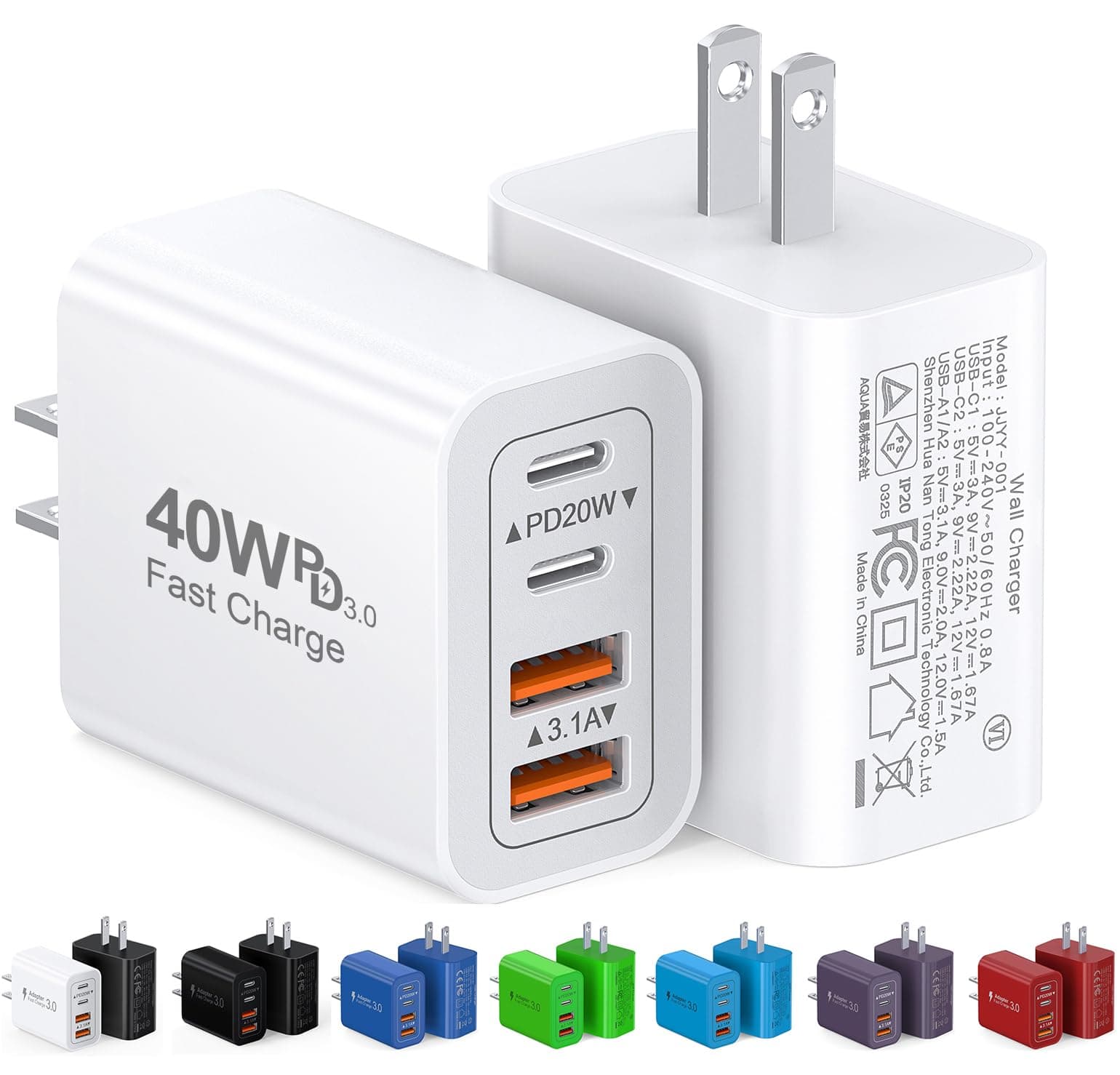 40W USB C Charger Cube, 2-Pack Wall Plug Fast Charging Block, 4-Port PD+QC Power Adapter Multiport Brick Type C Box for iPhone 17/16/15/14/13/12/11/Pro Max/XS/XR/8/7, Tablets, Cellphones