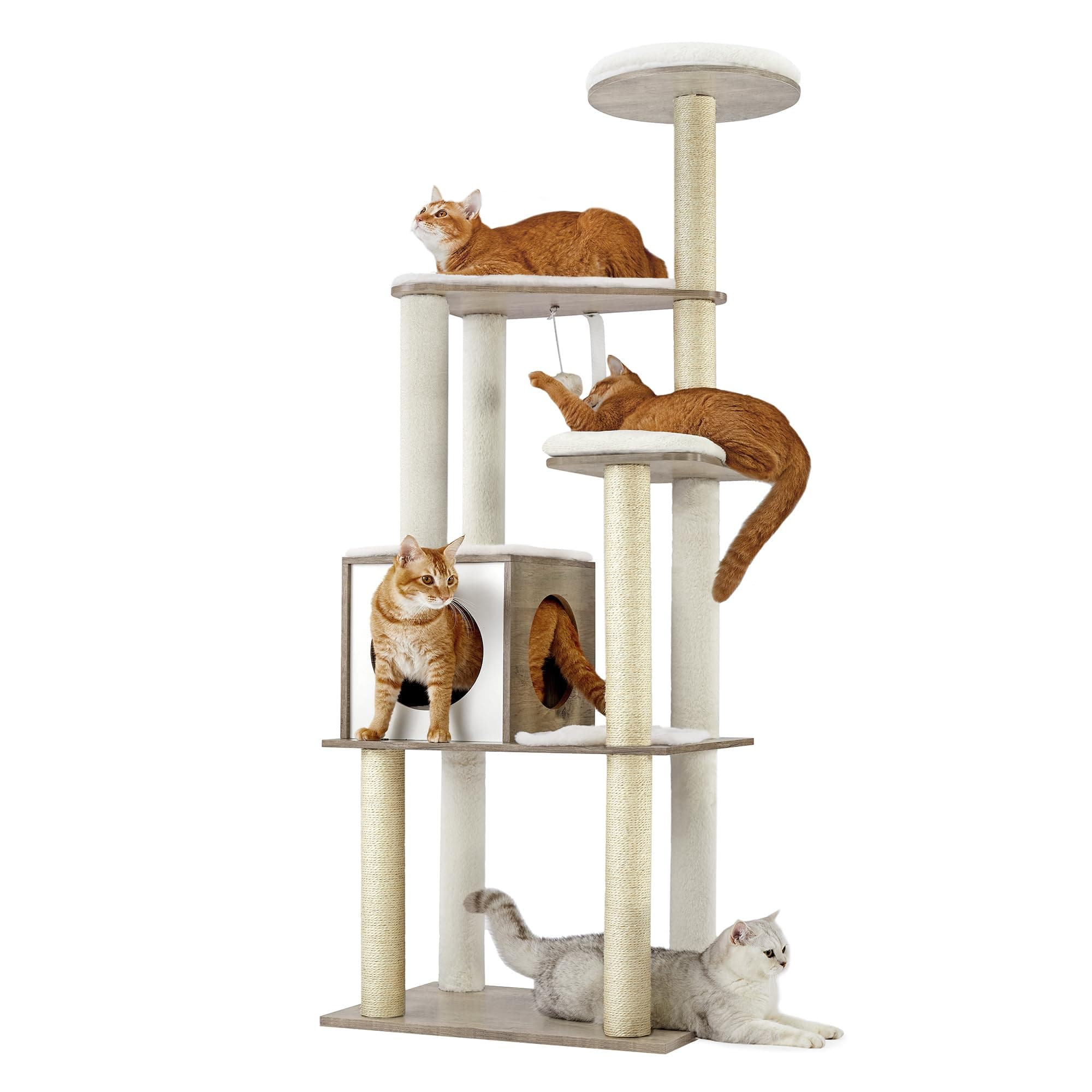 Cat Tree, 64.6-Inch Modern Cat Tower, Multi-Level Condo with 5 Scratching Posts, Perch, Washable Removable Cushions, Cave, Heather Greige UPCT166G01