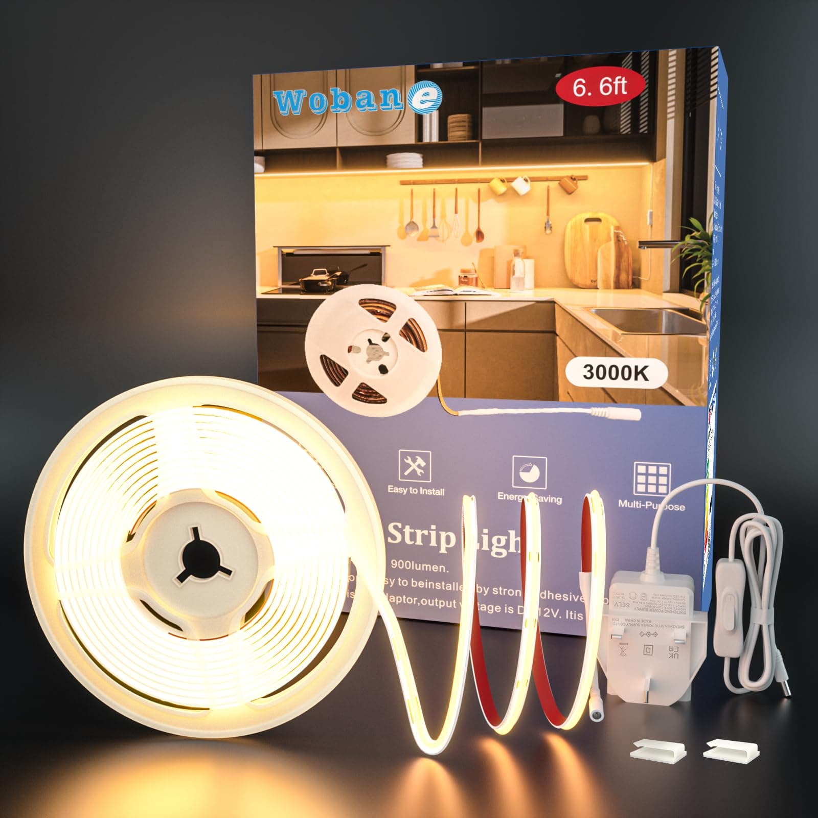 WOBANE 2m COB LED Strip Light,Super Bright 12V Under Cupboard Kitchen Lights,640LEDs,CRI90+,Warm White Under Cabinet Lighting for Kitchen,Counter,Bedroom,Desk,Shelf,Sink,TV,Monitor Backlight,900lumen