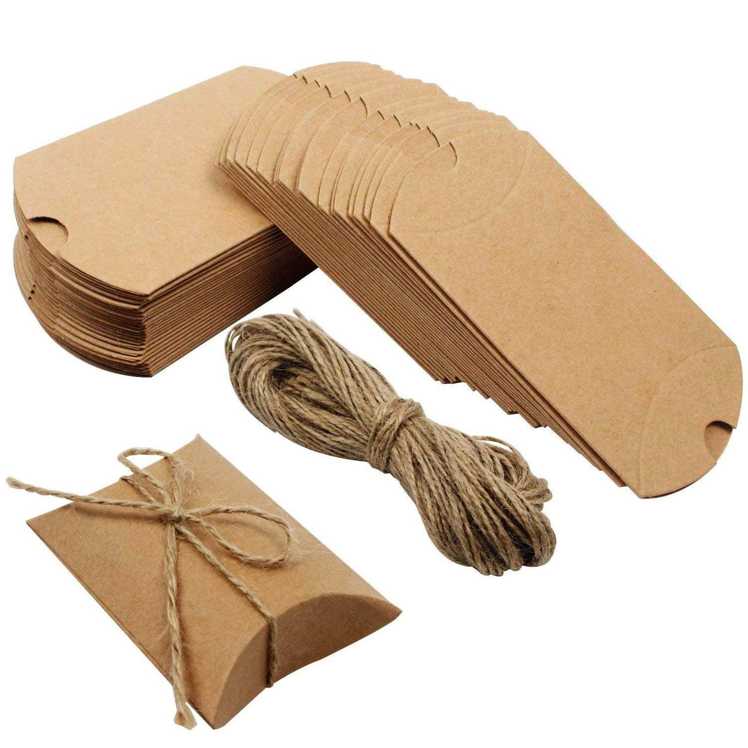 Outuxed Kraft Pillow Boxes 100pcs Small Gift Boxes, 3.5 x 2.8 Inches Mini Favor Boxes for Packaging Small Business, Soap, Jewelry and Wedding Party with 100pcs Jute Twine