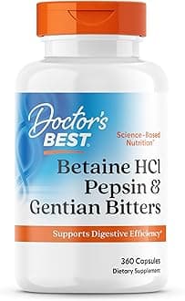 Betaine HCI Pepsin & Gentian Bitters, Digestive Enzymes for Protein Breakdown & Absorption, Non-GMO, Gluten Free, 360 Count (Pack of 1)