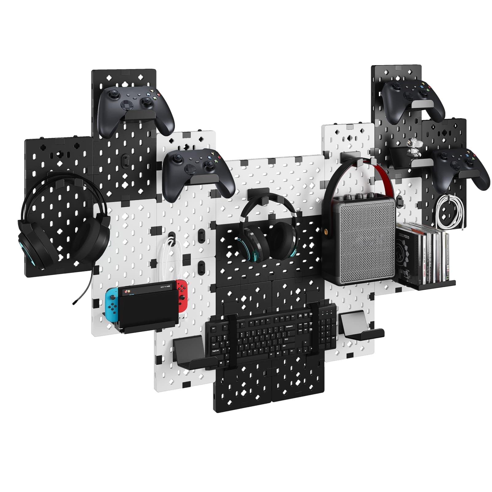 PEGZONE Controller and Headphone Holder Wall Mount, Modular Gaming Pegboard with Accessories, Controller Stand for Xbox PS5 PS4 Switch, Video Game Storage, Disc Shelf, 14pcs Pegboard, Black & White