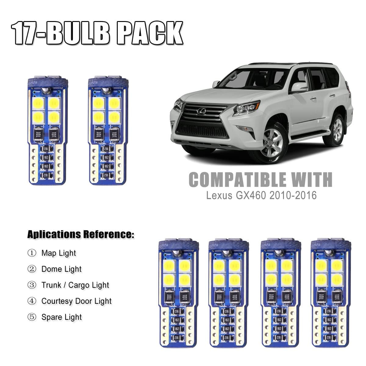 EBAIFUN 17-pc Ice Blue LED Interior Light Kit Compatible with Lexus GX460 2010 2011 2012 2013 2014 2015 2016 Reading Map Dome Sun visor Vanity Mirror Trunk Cargo Courtesy Door Bulb Replacement Package