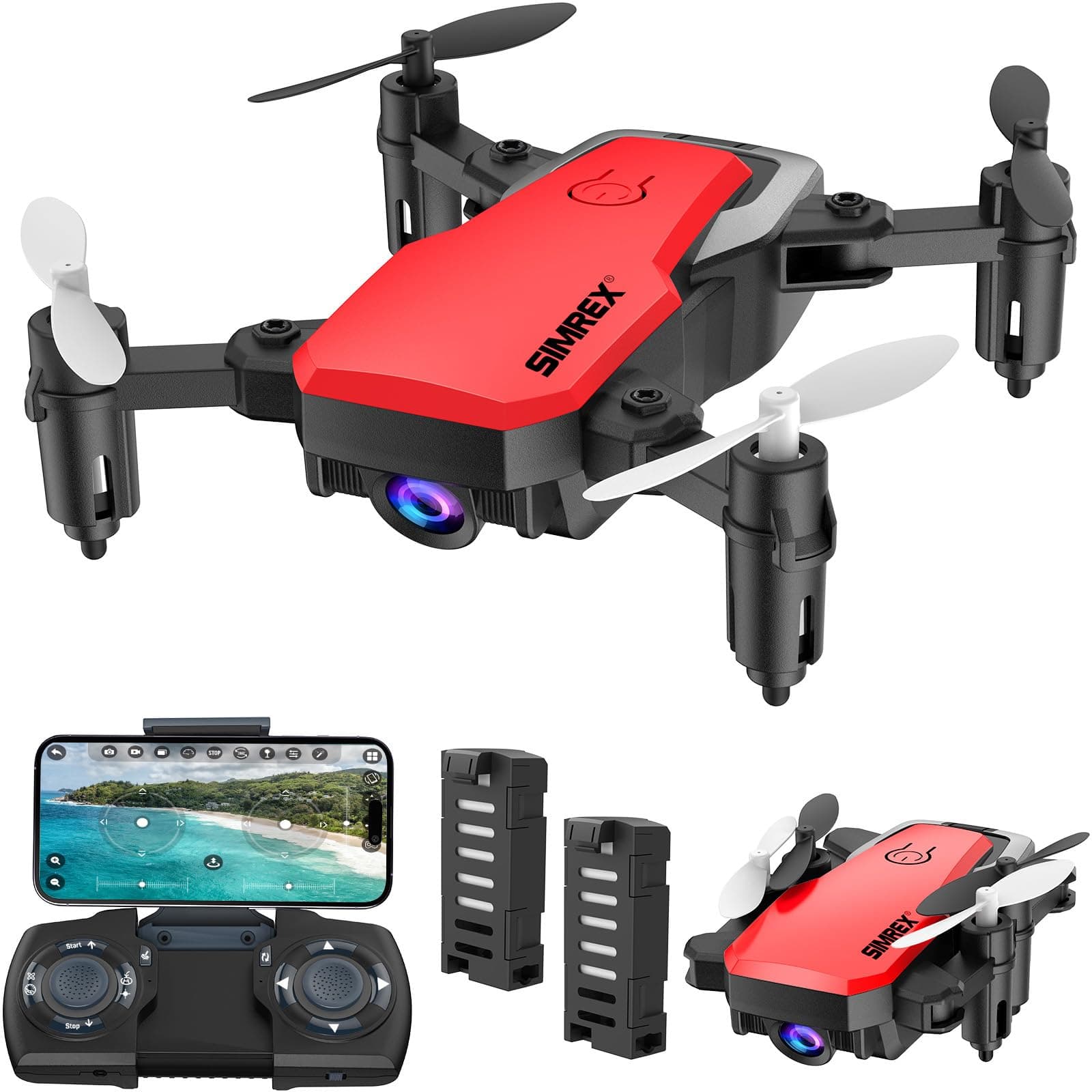 SIMREX X300C Mini Drone with Camera 720P HD, RC Quadcopter Foldable, Altitude Hold, 3D Flip, Headless Mode, Gravity Control and 2 Batteries, Gifts for Kids, Adults, Beginner, Red