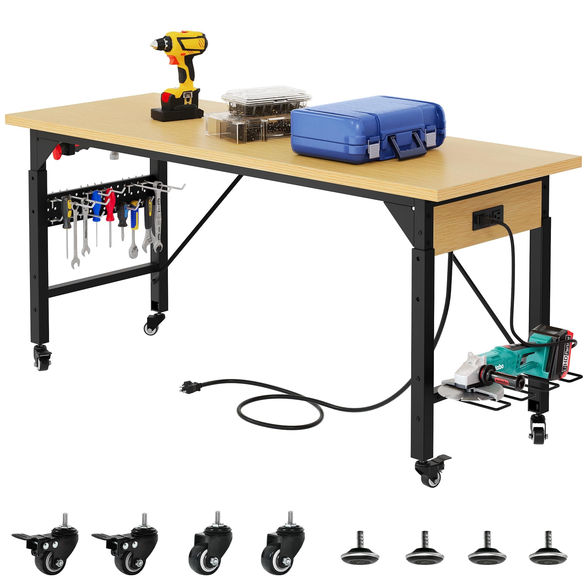 DWVO Work Benches for Garage 60" x 24" Work Table w/Outlets, Tool Bench Garage Workbench Husky Workbench 1600 LBS Load Capacity with Wheels for Workshop, Office, Home, Outdoor