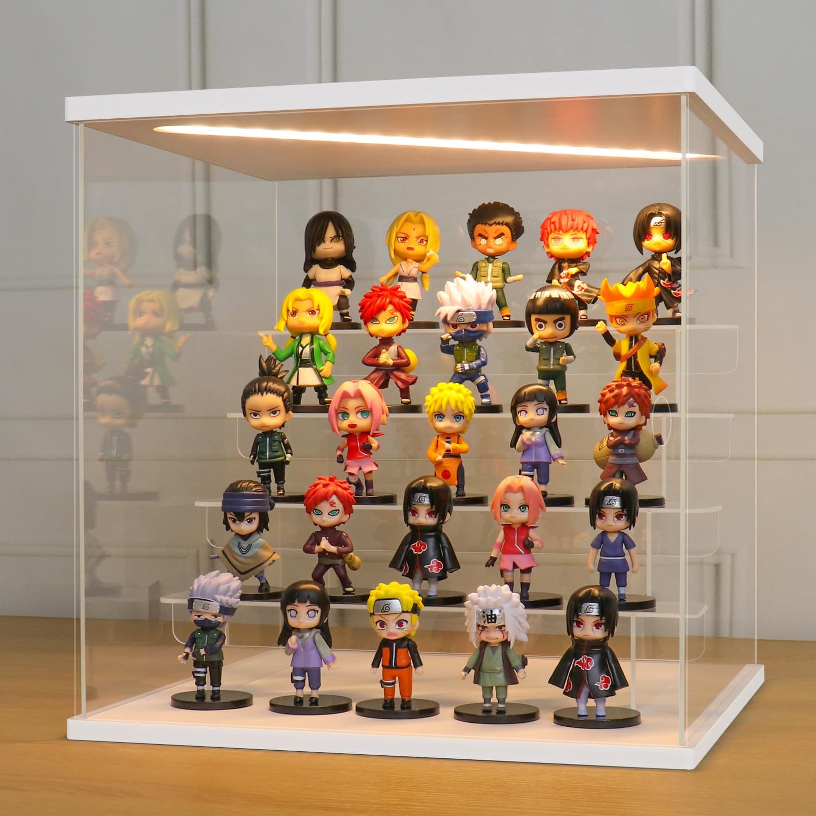 LANSCOERY LED Lighted Acrylic Display Case, 5 Tier Display Box for Collectibles and Action Figures, Clear Dustproof Organizer with White Base – 11.8x11x11.8inch