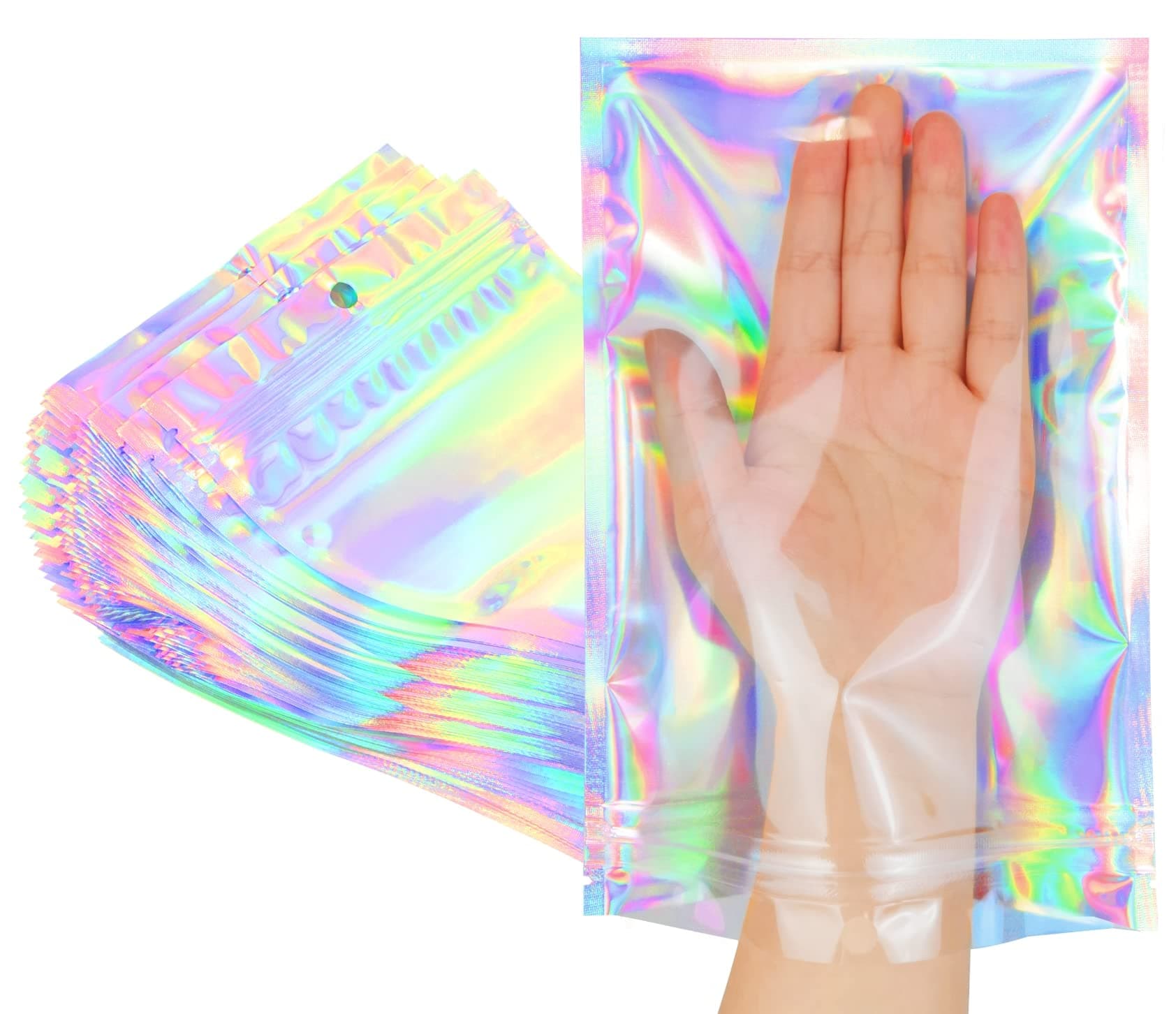 Smell Proof Bags & Resealable Foil Pouch Mylar Sample Bag Great for Party Favor Food Storage (Holographic Color) (50pcs-6x9 inch)