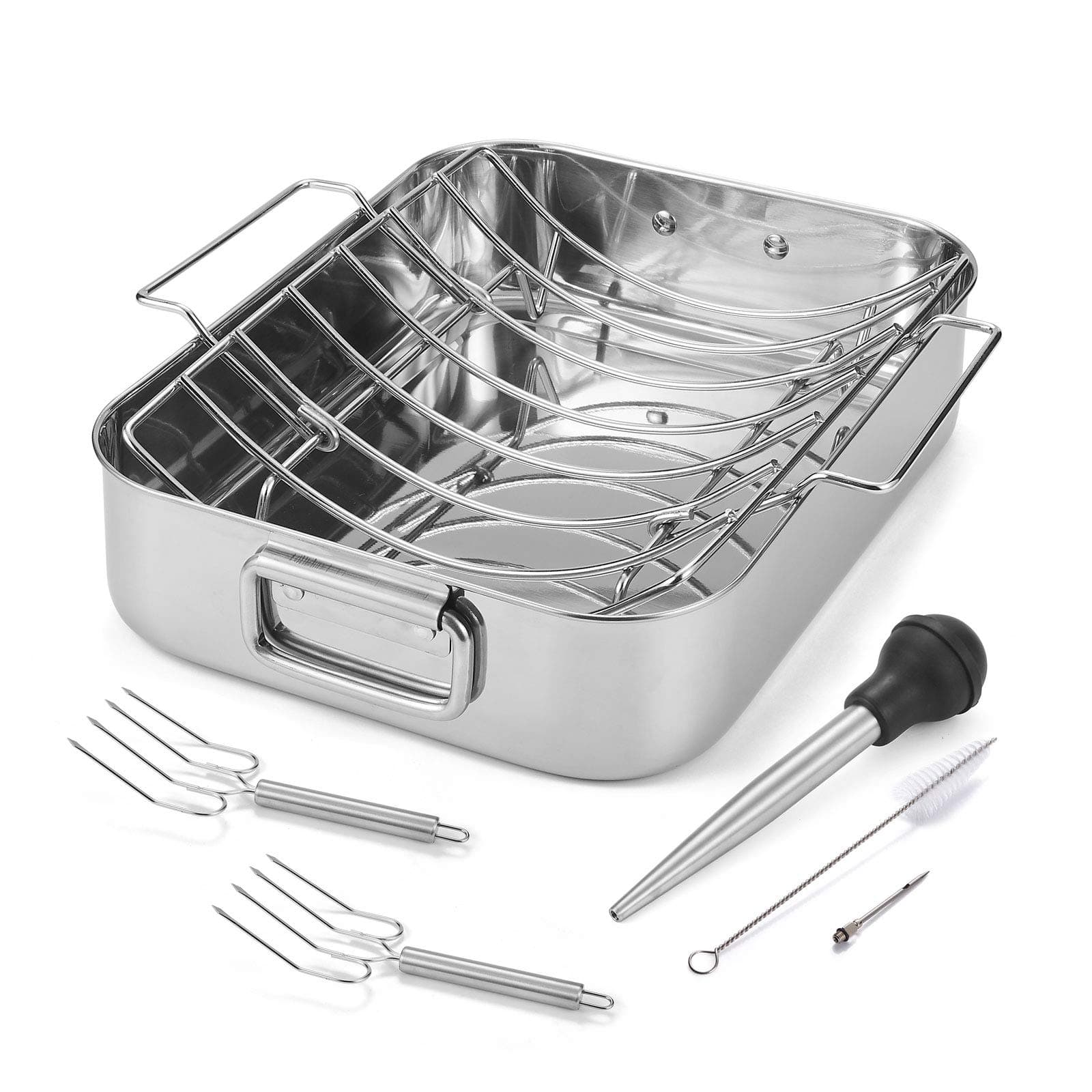WEZVIX Rectangular Roasting Pan with Rack, Stainless Steel 16.5 Inch Turkey Roaster Lasagna Pan for Roasting Turkey, Chicken, Meat & Vegetables, Non-toxic & Heavy Duty, Easy Clean & Dishwasher Safe