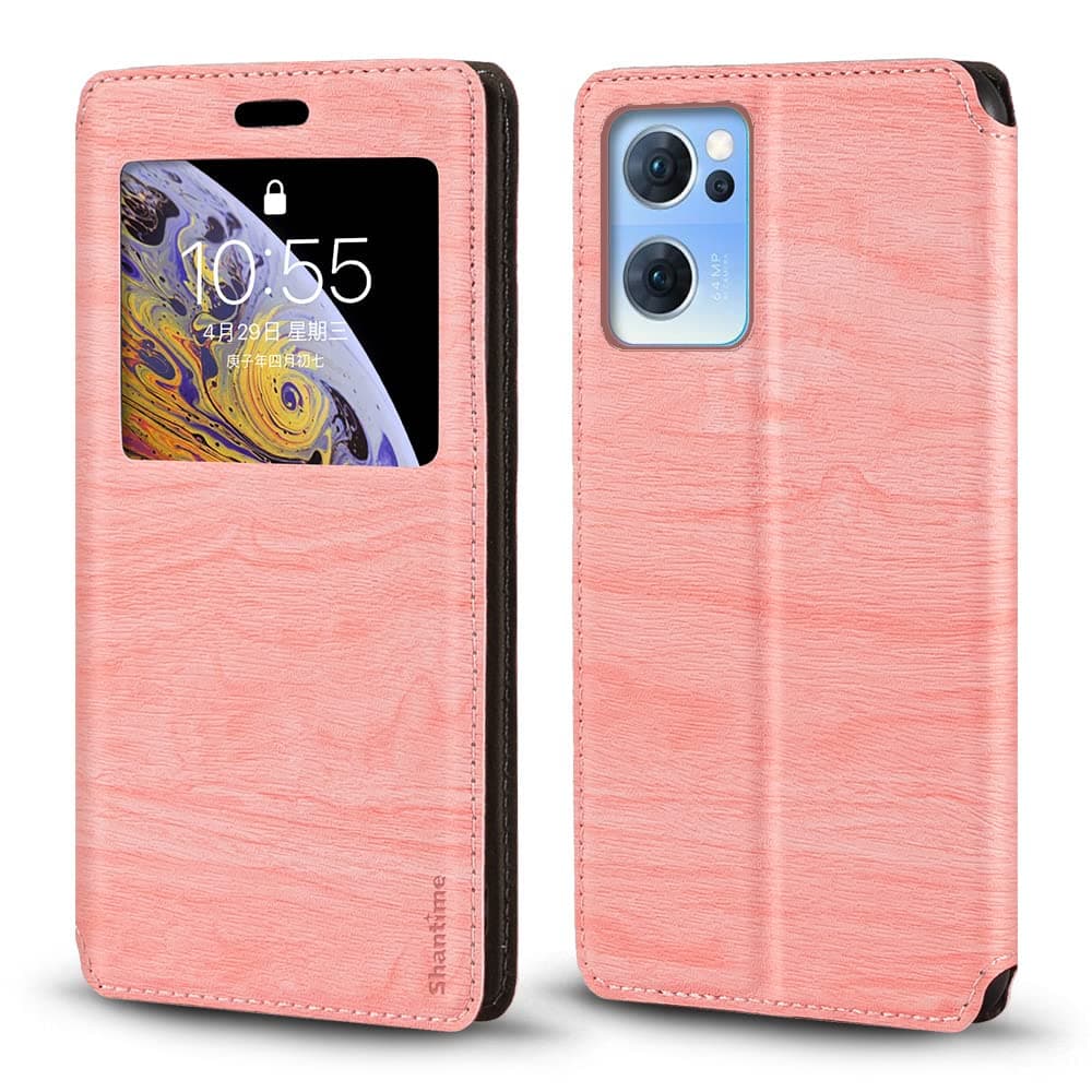 Viewable Window Leather Flip Case Compatible with OPPO Reno 7 5G China, Elegant Design Clear Display Invisible Magnetic Cover and Card Slot(Pink)