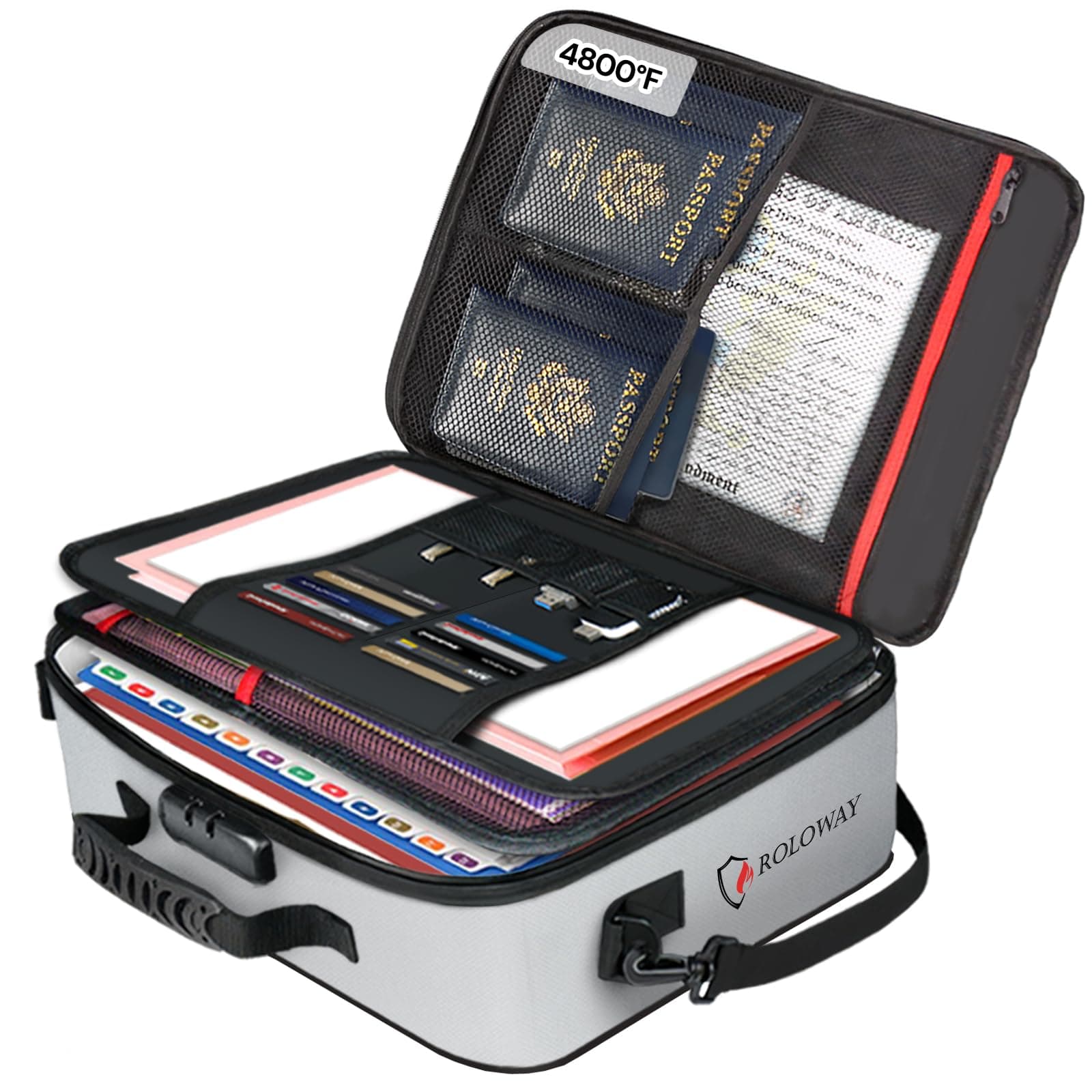 ROLOWAY Fireproof Document Bag with Lock (17 x 11.8 x 5 inch), Important Document Storage Bag with Multi-Layer File Organizers (Gray)